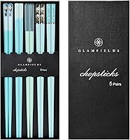 GLAMFIELDS 5 Pairs Reusable Fiberglass Chopsticks 9.5" Dishwasher Safe Non-Slip Light Blue Set for Sushi Ramen Asian Food w/ Gift Case