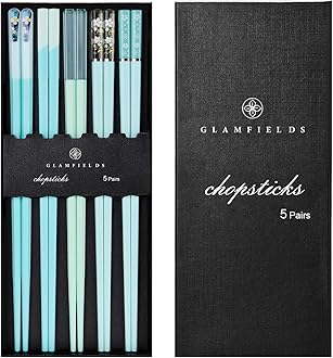 Chopsticks Reusable Dishwasher Safe, GLAMFIELDS 5 Pairs 9.5 Inches Premium Chop Sticks Set for Sushi, Ramen, Asian Cuisine, Matte Non-slip with Gift Case, Light Blue