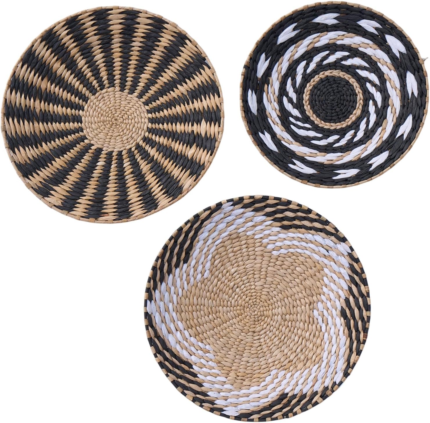 Deosur 3PCS Boho Wall Basket Decor – Handmade Bulrush Woven Tray Baskets for Wall Hanging, Rustic Farmhouse Wall Art for Living Room & Bedroom (Black)