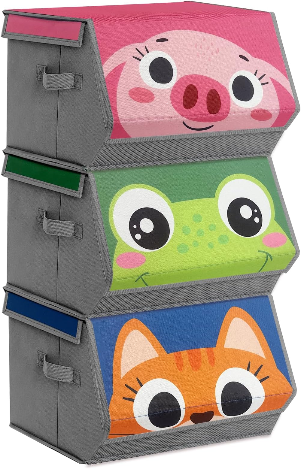 VERONLY 3Pcs Stackable Storage Bins, Cartoon Storage Boxes Storage Drawers with Lids, Kids Foldable Closet Organizers with Velcro for Boys and Girls, Bedroom, Playroom(Pink, Green, Blue)