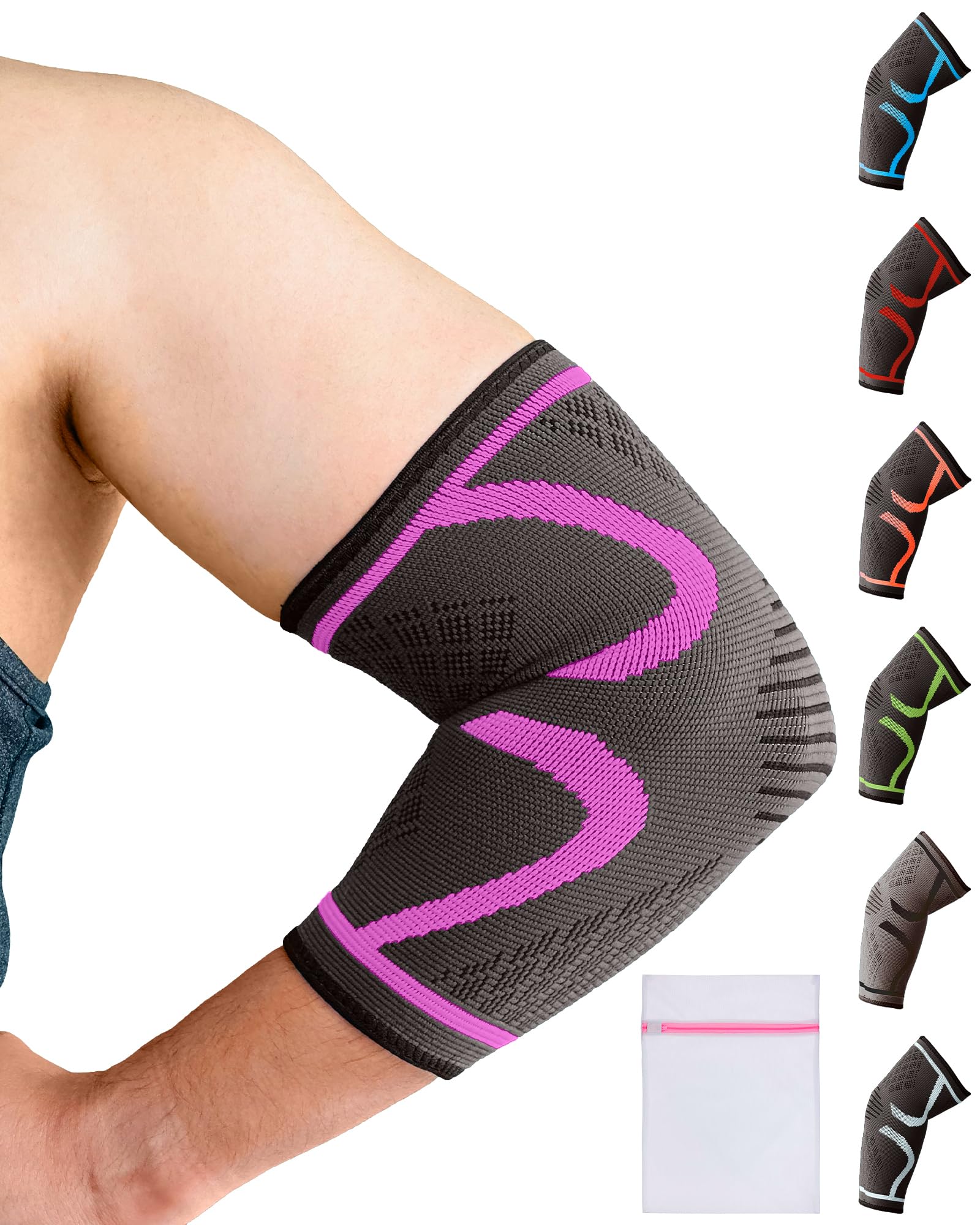 Elbow Support for Men, Women, Kids, 1 Pack Compression Elbow Sleeve for Tennis, Golfers, Sports, Fitness, Gym, Weightlifting, Small, Pink + Laundry Bag
