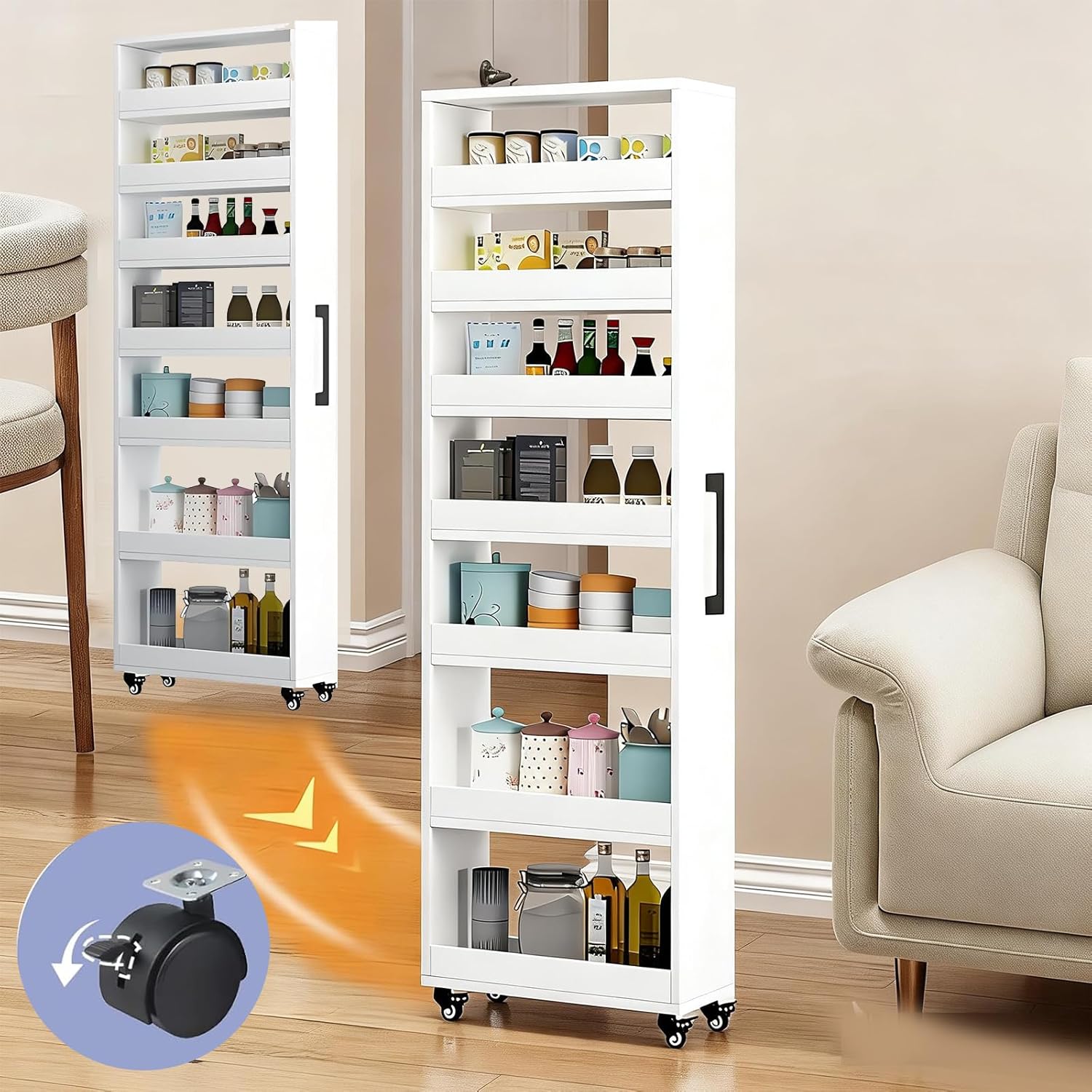 7Tier Wooden Spice Rack on Wheels Slim Rolling Storage Cabinet with Wheels Wood Spice Rack Next to Fridge Wooden Narrow Buffet Server Shelf,Light Walnut,W8× D22×H72