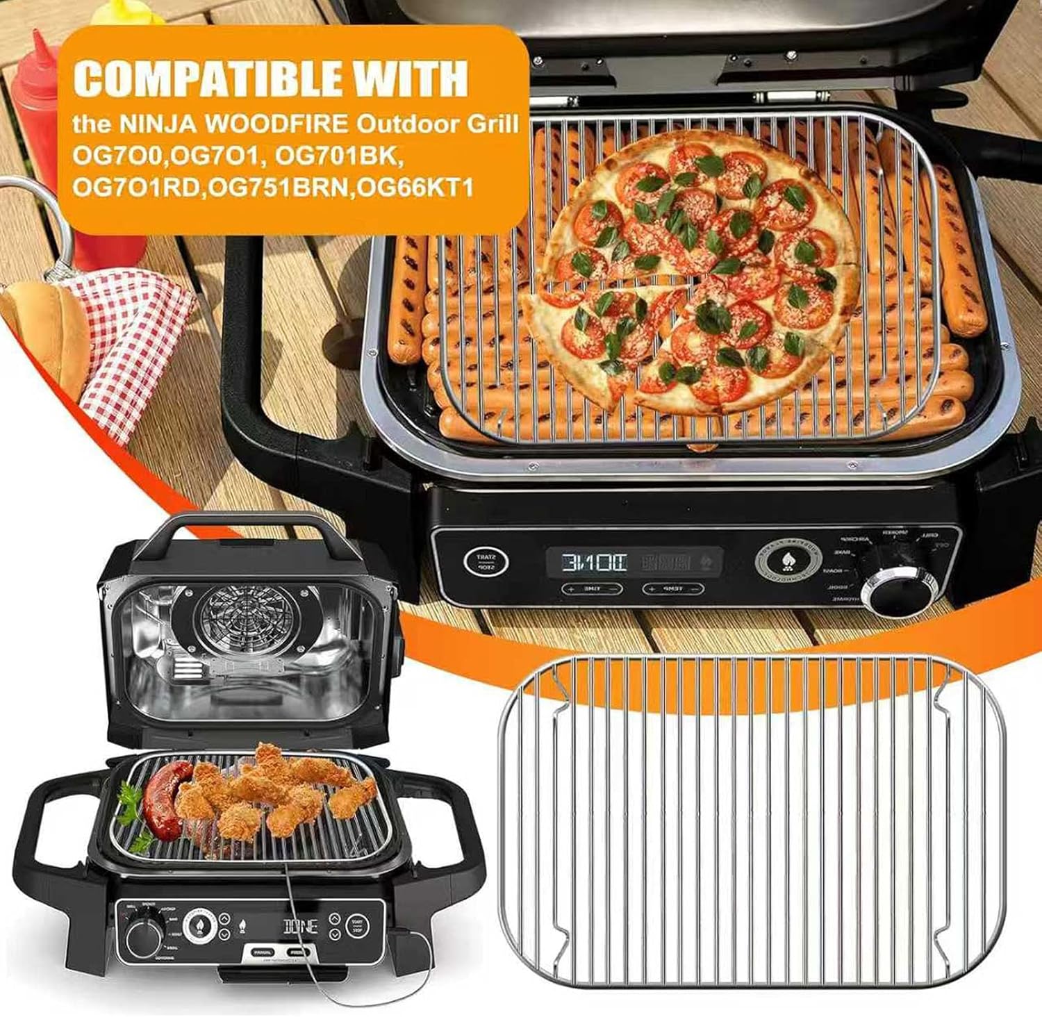 Stainless Steel Rack, 12.6×8.7 Inches Outdoor Indoor Grill Stand Flex Flame Combi Accessories for Ninja OG751 OG701 Woodfire and other Wood fire Electric Air Fryer, Dishwasher Safe