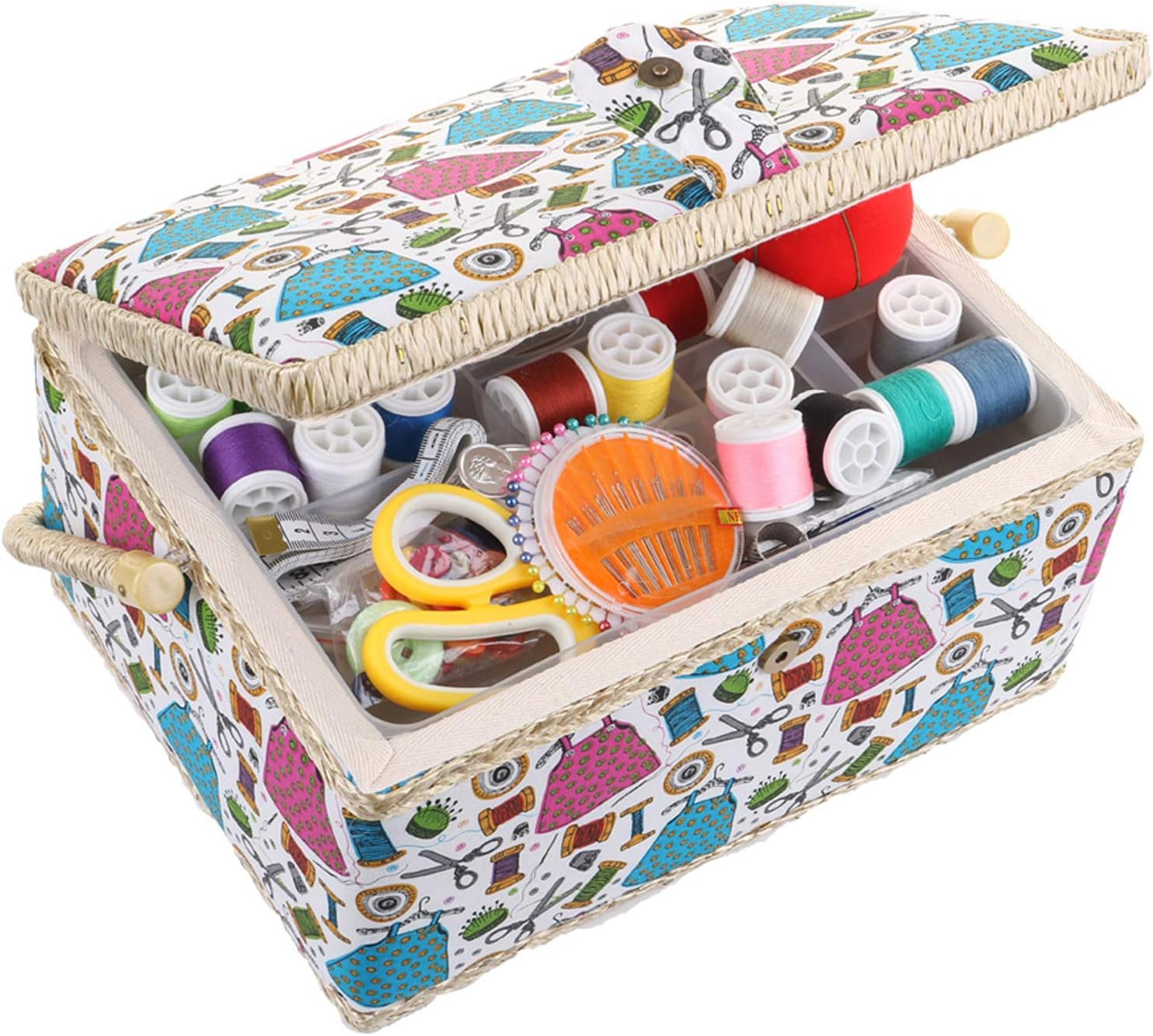 Large Sewing Box with Accessories Sewing Kit Organizer and Storage with Complete Sewing Tools - Wooden Sewing Basket with Removable Tray and Tomato Pincushion for Sewing Mending - Blue