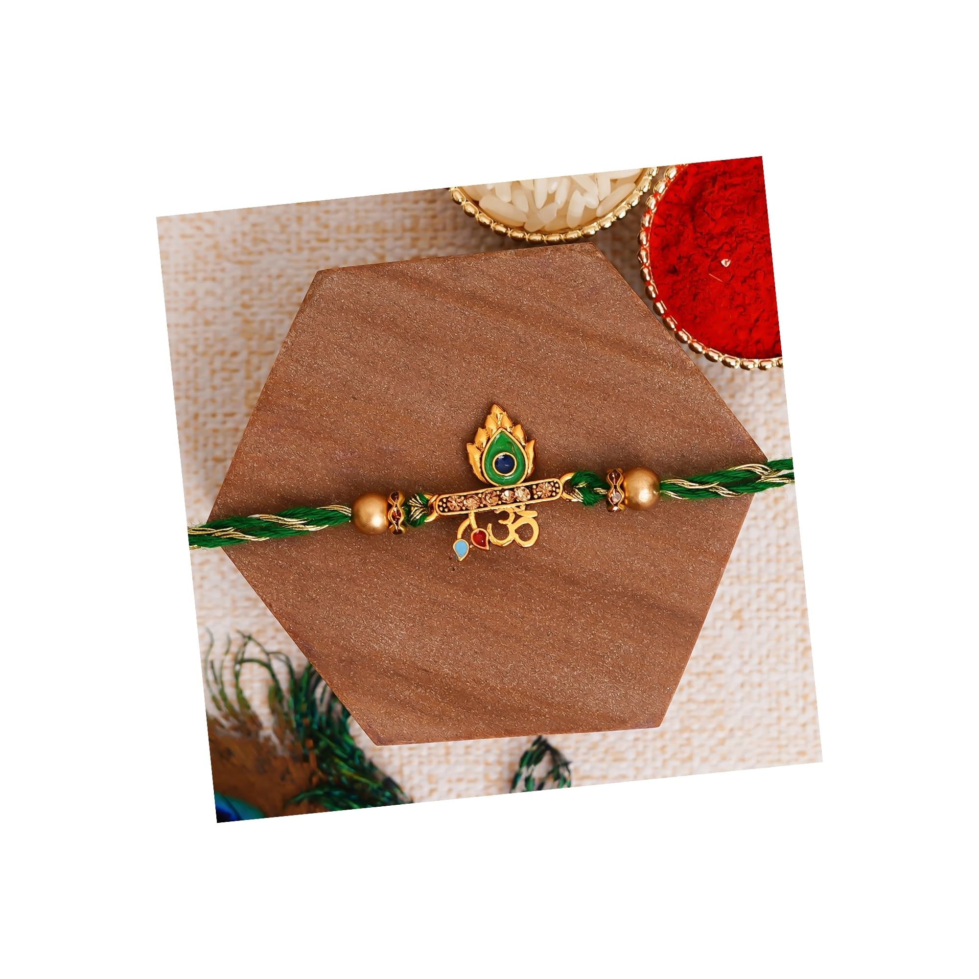 eCraftIndia Green & Golden Om & Peacock Feather Religious Designer Rakhi with Roli Chawal Pack - Rakhi for Brother, Bhaiya, Bhai (B0B5DPQ3JT) Amazon Price History, Amazon Price Tracker