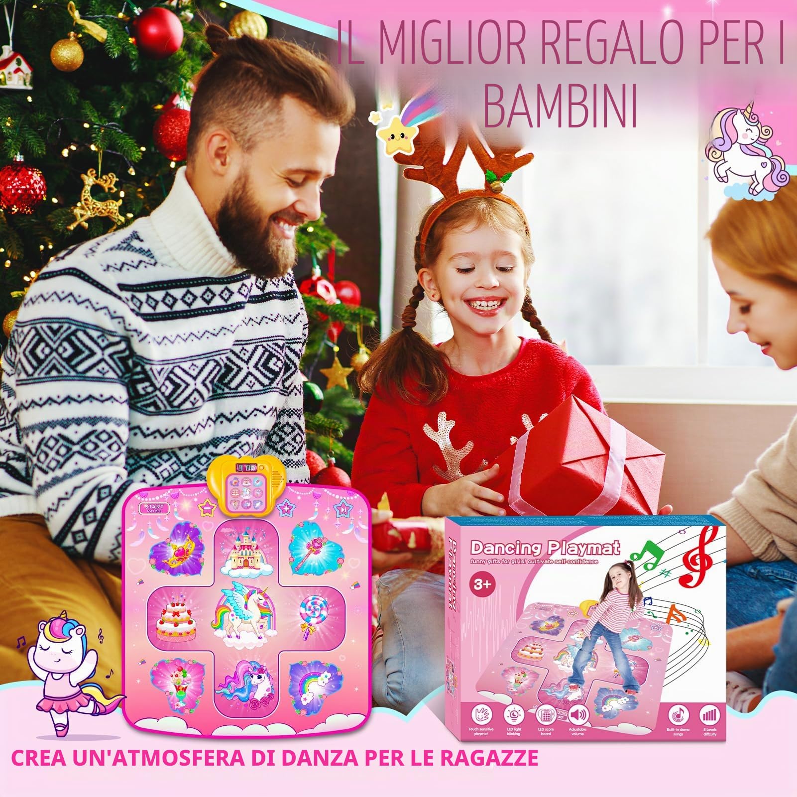 Giocattolo Tappetino da Ballo,Regali per Bambini da 2 3 4 5 6 + Anni Ragazze, Giocattolo Tappeto da Ballo Unicorno da 3 4 5 6 + Anni Ragazze, Regalo Ragazze,5 Livelli di Danza,Compleanno Natale