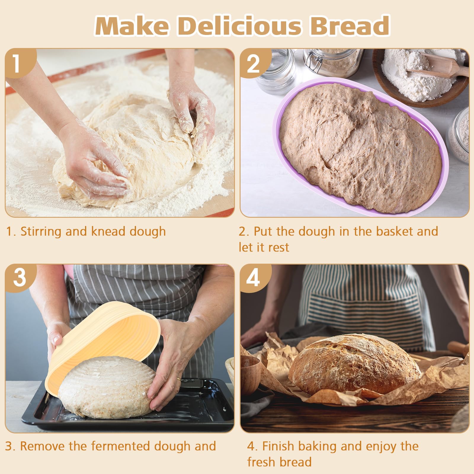 Honeydak 8 Stück Silikon-Brot-Gärkörbe, 25,4 cm, ovaler Banneton-Korb, zusammenklappbar, Sauerteig-Backzubehör, antihaftbeschichtet, rund, Teig, Behälter, ofenfest für die Brotherstellung