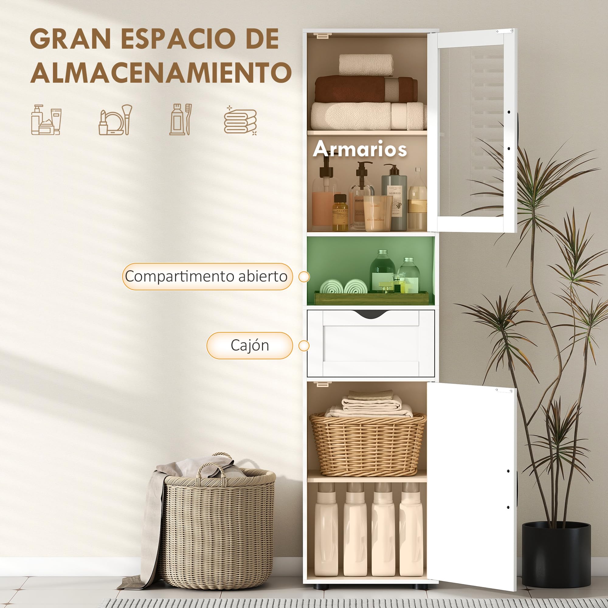 HOMCOM Armario de Baño Alto, Mueble Auxiliar de Baño con Puerta de Vidrio, Estantes Ajustables, Cajón, Estante Abierto, Columna Estrecha para Espacios Pequeños, 40x30x165 cm, Blanco
