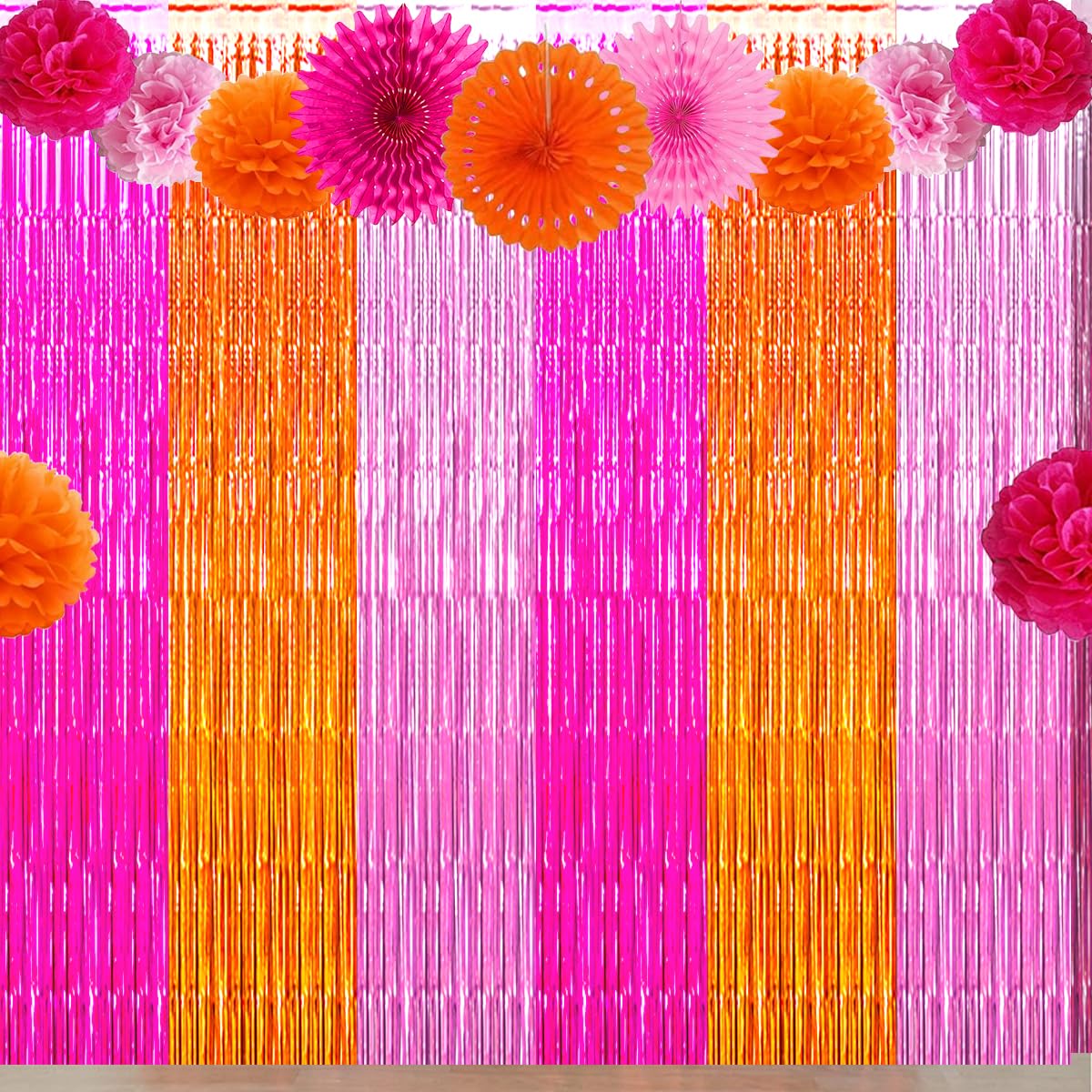 Decoración de fiesta rosa y naranja, cortina de fondo de flecos de papel de aluminio rosa, naranja y rosa intenso, serpentina de despedida de soltera de verano para cumpleaños, boda, baby shower,