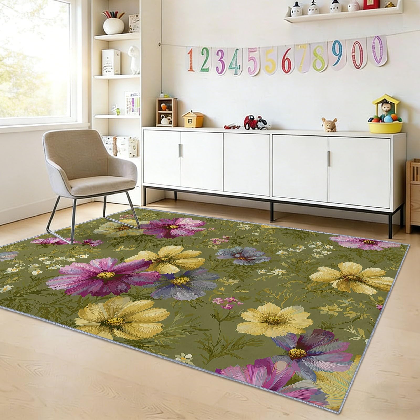 Alfombra de área de 180 x 240 cm, diseño de margaritas Cosmos con flores silvestres, lavable, antideslizante, alfombra antideslizante para dormitorio, sala de estar, alfombra de suelo de pelo corto