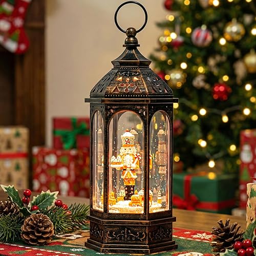 Linterna de globo de nieve de Navidad de 12.3 pulgadas, tren de hombre de jengibre que gira alrededor del cascanueces de pan de jengibre con música,