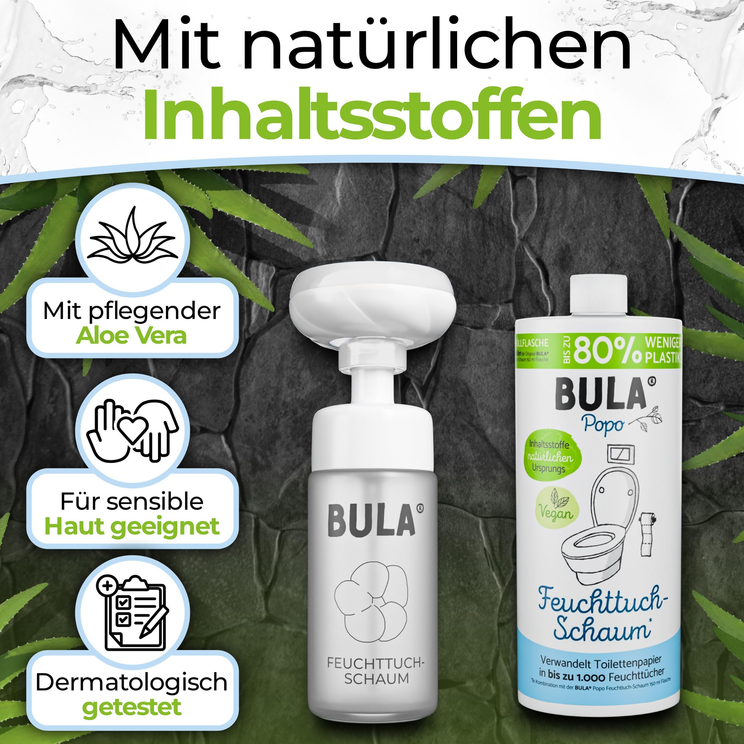 BULA® Popo - Juego de botellas de cristal ecológicas con diseño de botella de cristal (vacía) + botella de recambio + bomba de espuma de flores con soporte | alternativa sostenible para toallitas