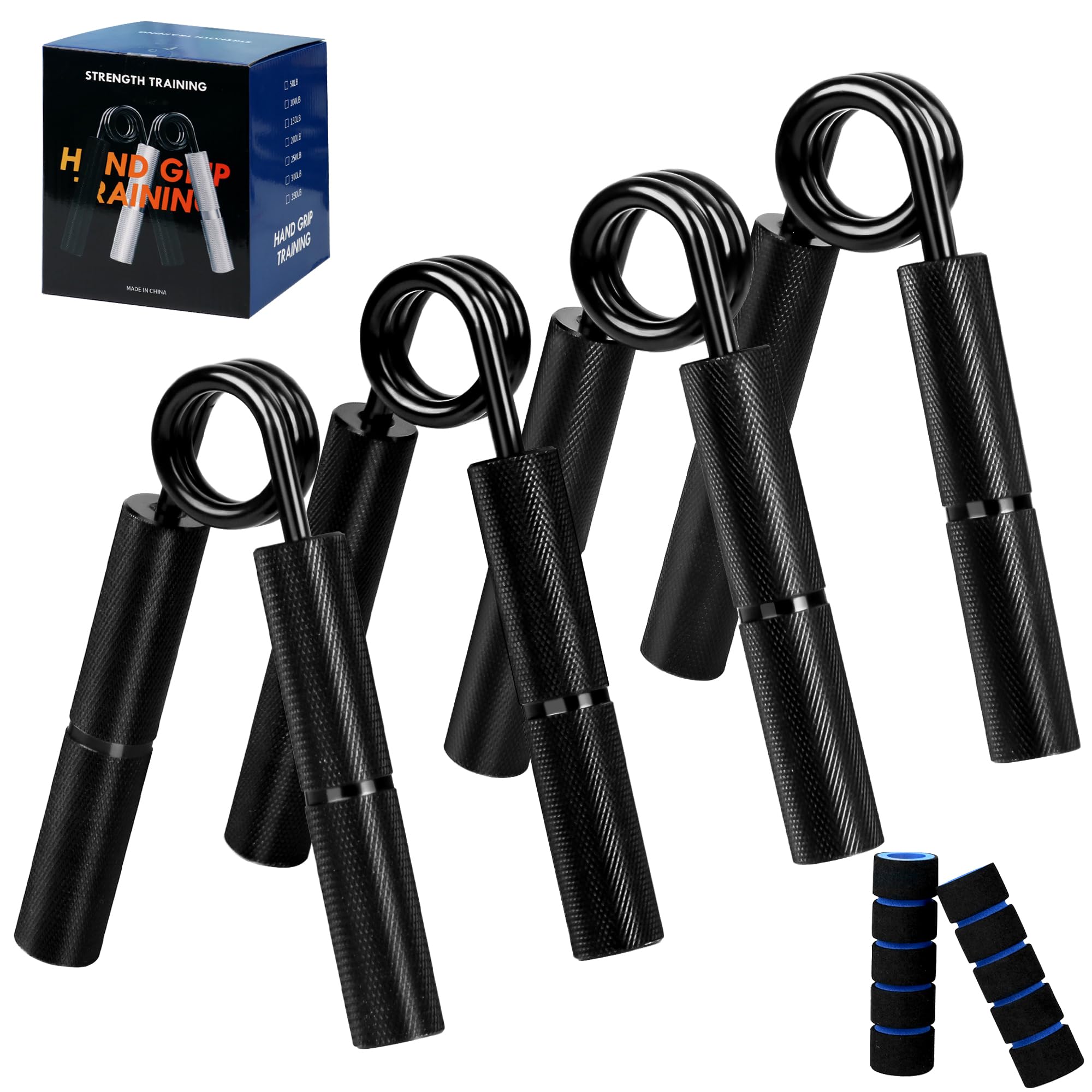 Hand Grip Strengthener Set | 50/100/150/200LBS, 4 Pack Non-slip Metal Hand Grips Strengthener with 8 Foam Grip Covers, Hand Trainer Finger Trainer for Strength Training, Workout and Rehabilitation