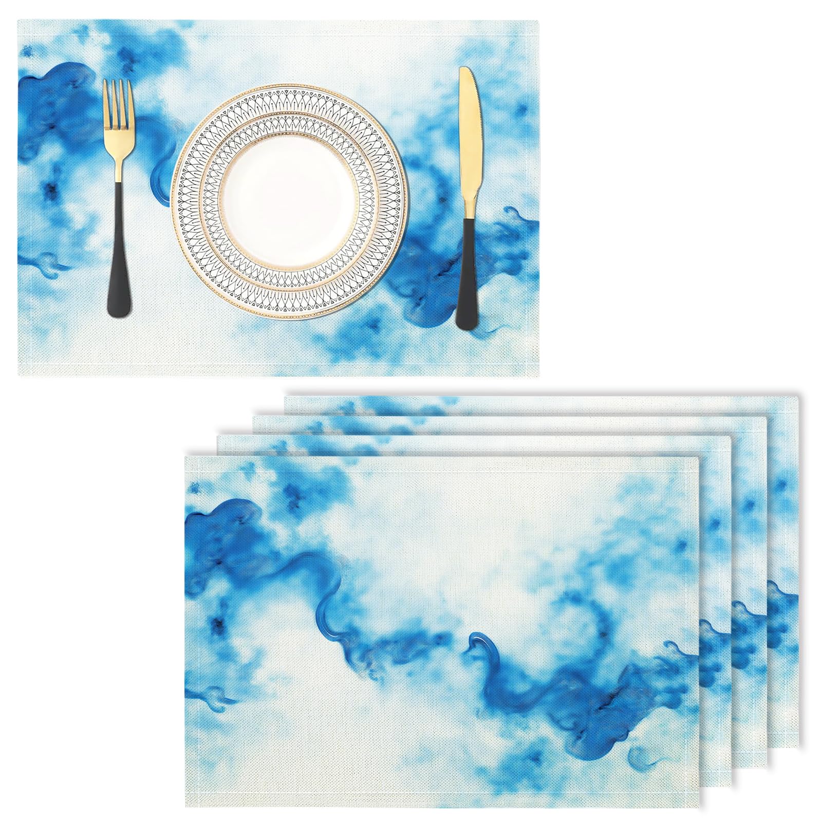 Cotton Linen Placemats - watercolor - Pack of 8 blue Heat Resistant Washable Dinner Mats Kitchen Dining Place Dinner Table Setting