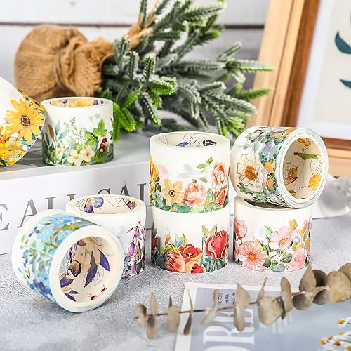 Miniatura 7 de Whaline 8 rollos de cinta Washi floral de primavera de papel dorado de flores Washi cinta adhesiva decorativa para bricolaje, manualidades, diario,