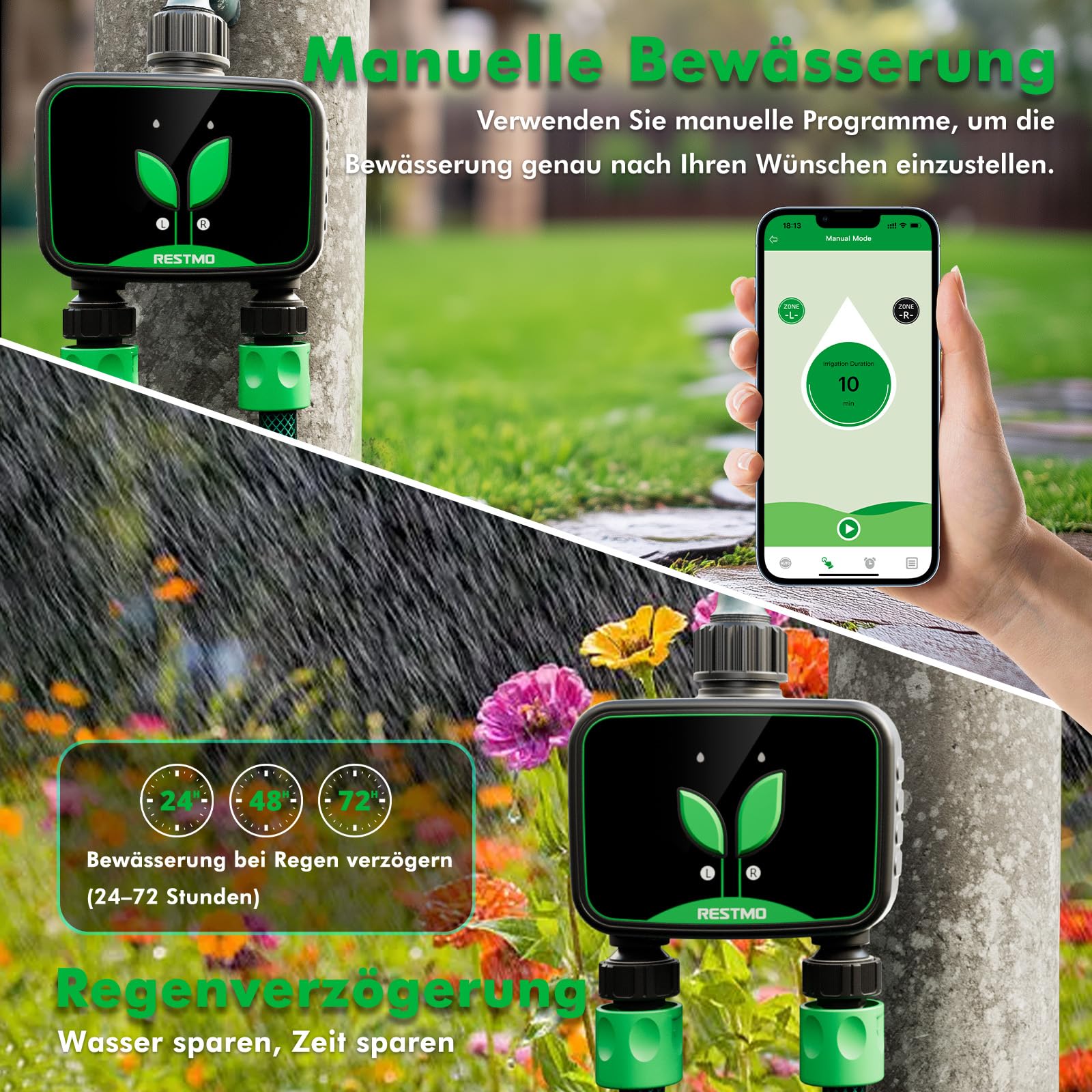 Ordenador de riego WiFi, Temporizador de Agua programable para riego de jardín, 3 Modos de riego, Apto para grifos Exteriores y Sistemas de riego de césped, 2 Zonas | 3 modos de riego, grifo exterior y césped, control de aplicación, 2 zonas