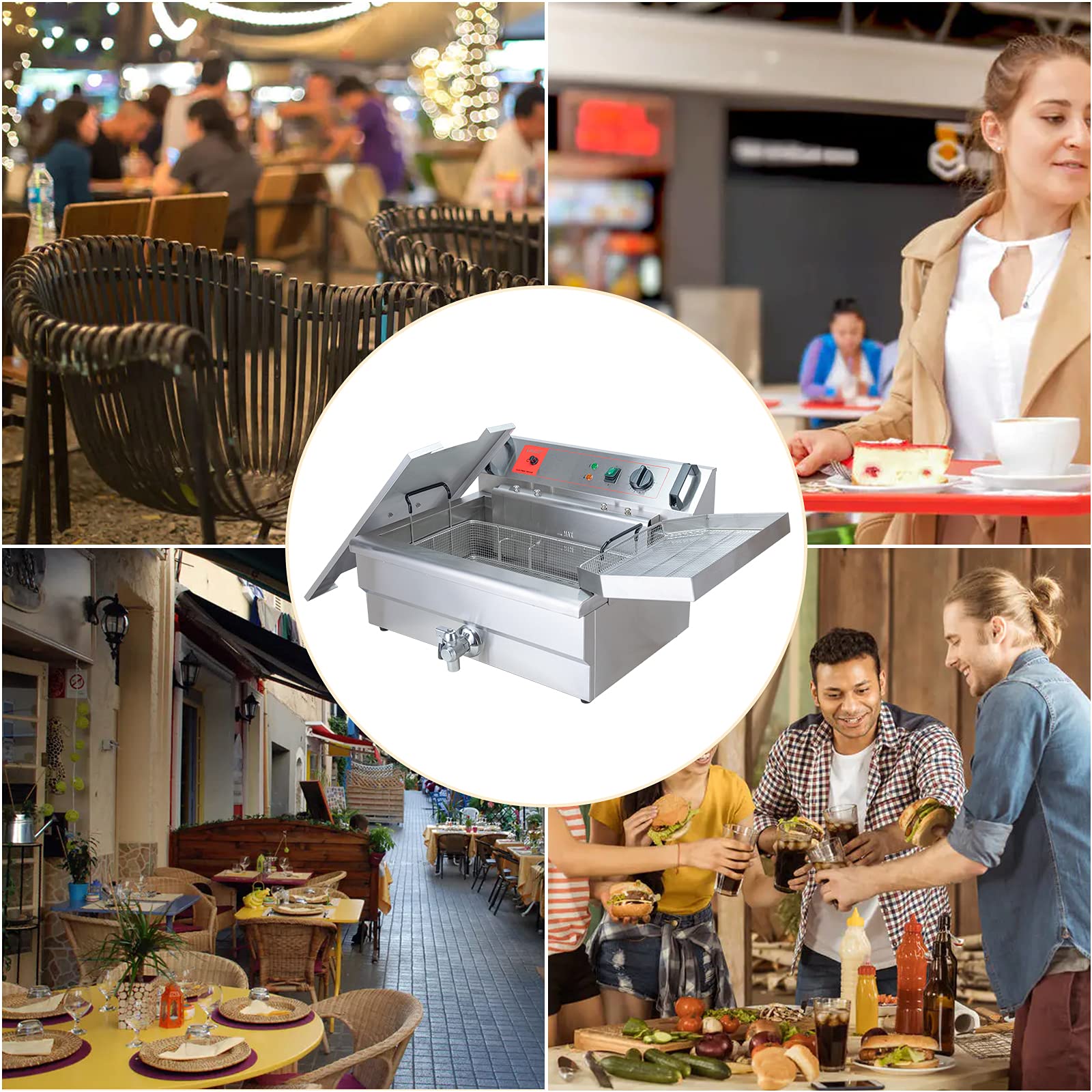 Valgus Freidora eléctrica comercial de acero inoxidable 3000W 30L Freidora de cocina de gran capacidad con cesta y tapa, sistema de vaciado para restaurantes y uso doméstico