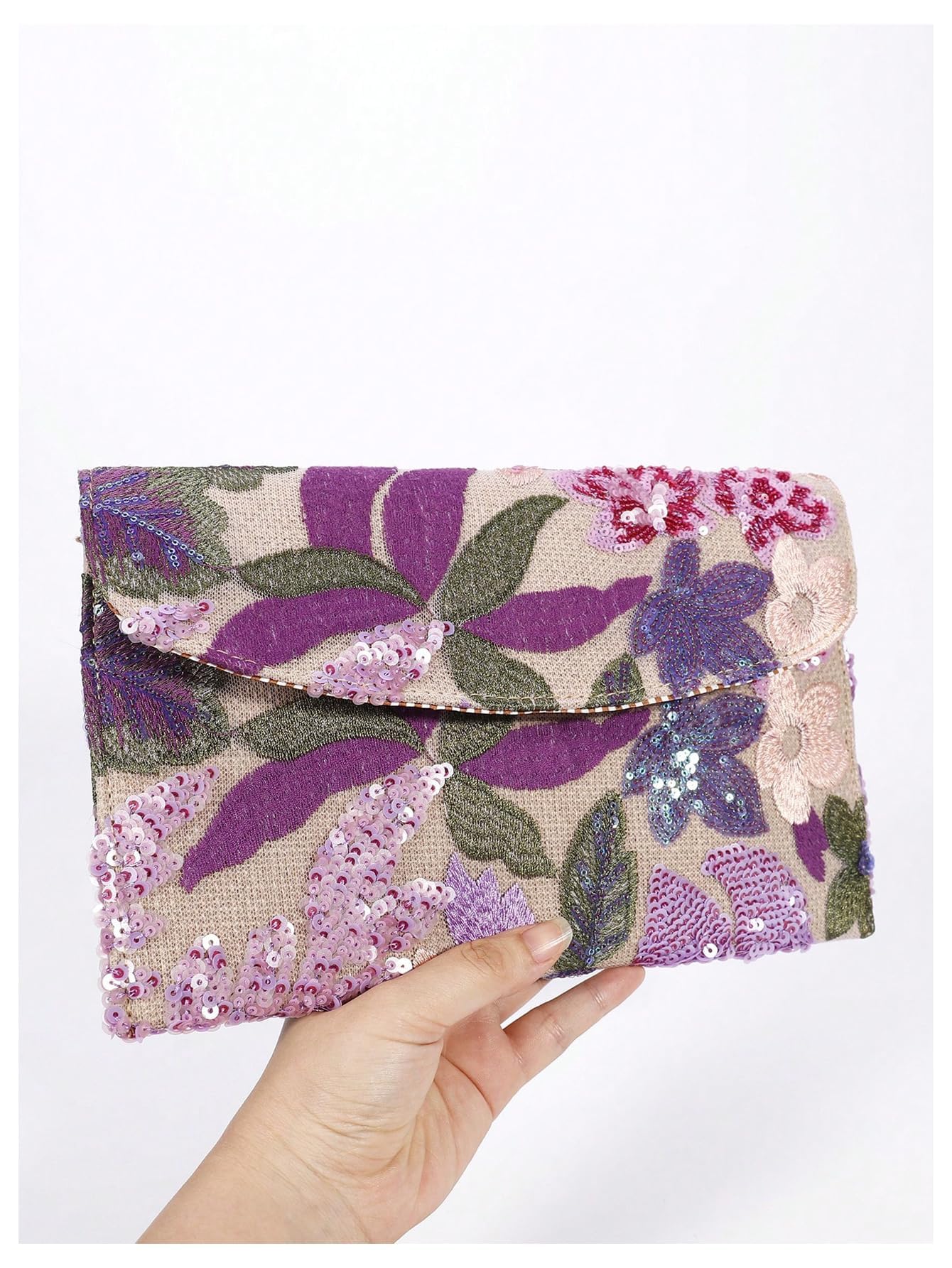 Borsa da sera floreale con paillettes, viola, L
