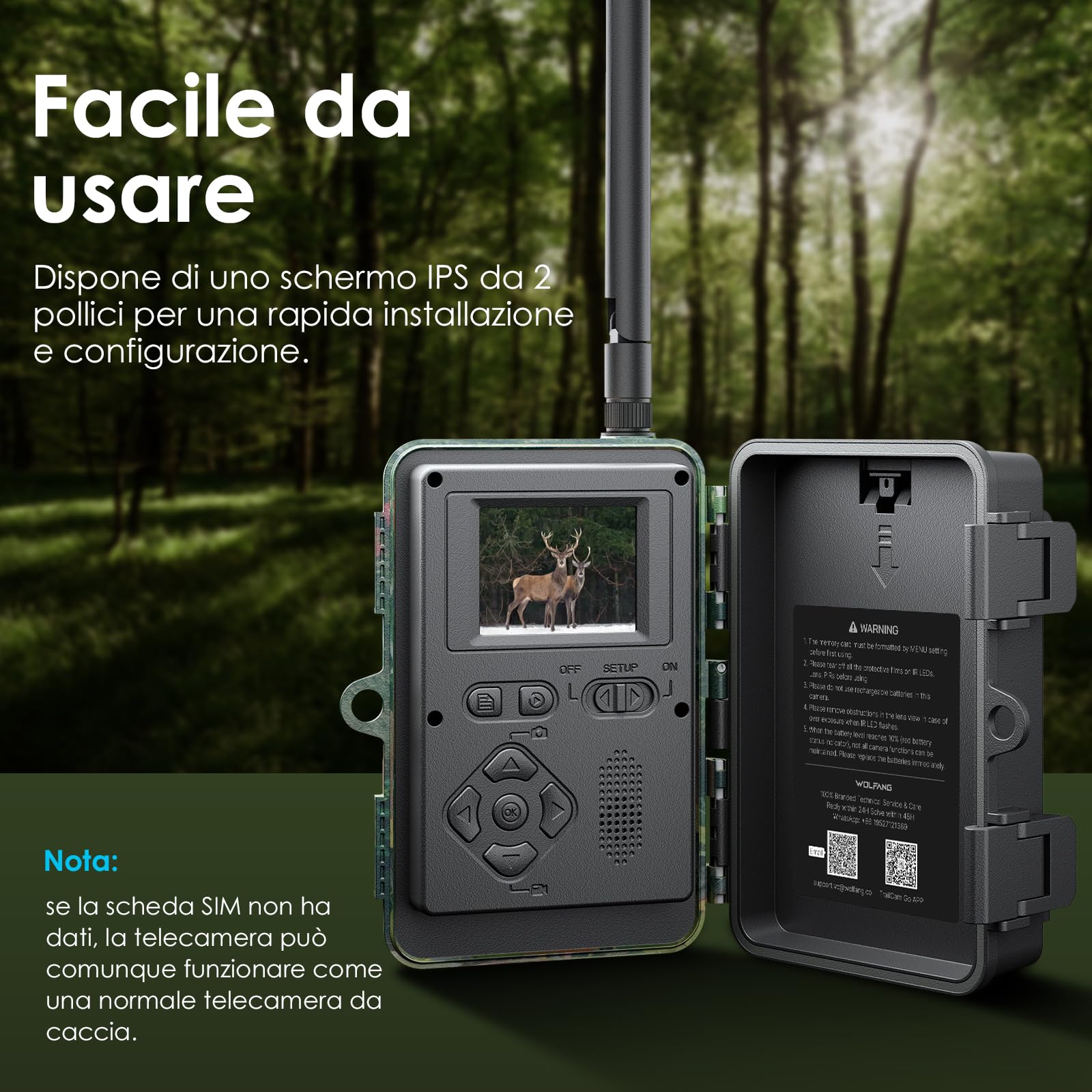 WOLFANG Fototrappola 4G con SIM, 2K 48MP HD Fotocamera Caccia con Infrarossi Rilevatore di Movimento Visione Notturna IP66 Impermeabile per la l'osservazione la Fauna