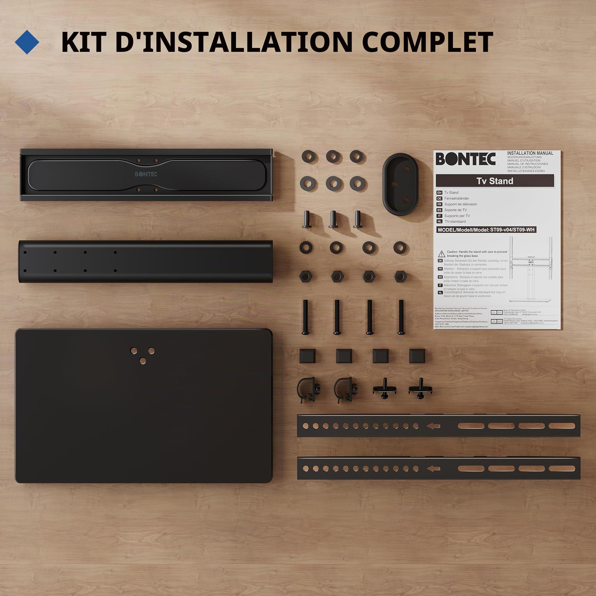 BONTEC Support TV sur Pied de 23 à 60 Pouces LCD/LED/Plasma Jusqu’à 45 kg, Pied TV Universel Hauteur Réglable avec Base en Verre Trempé de 8 mm, Max VESA 400x400 mm