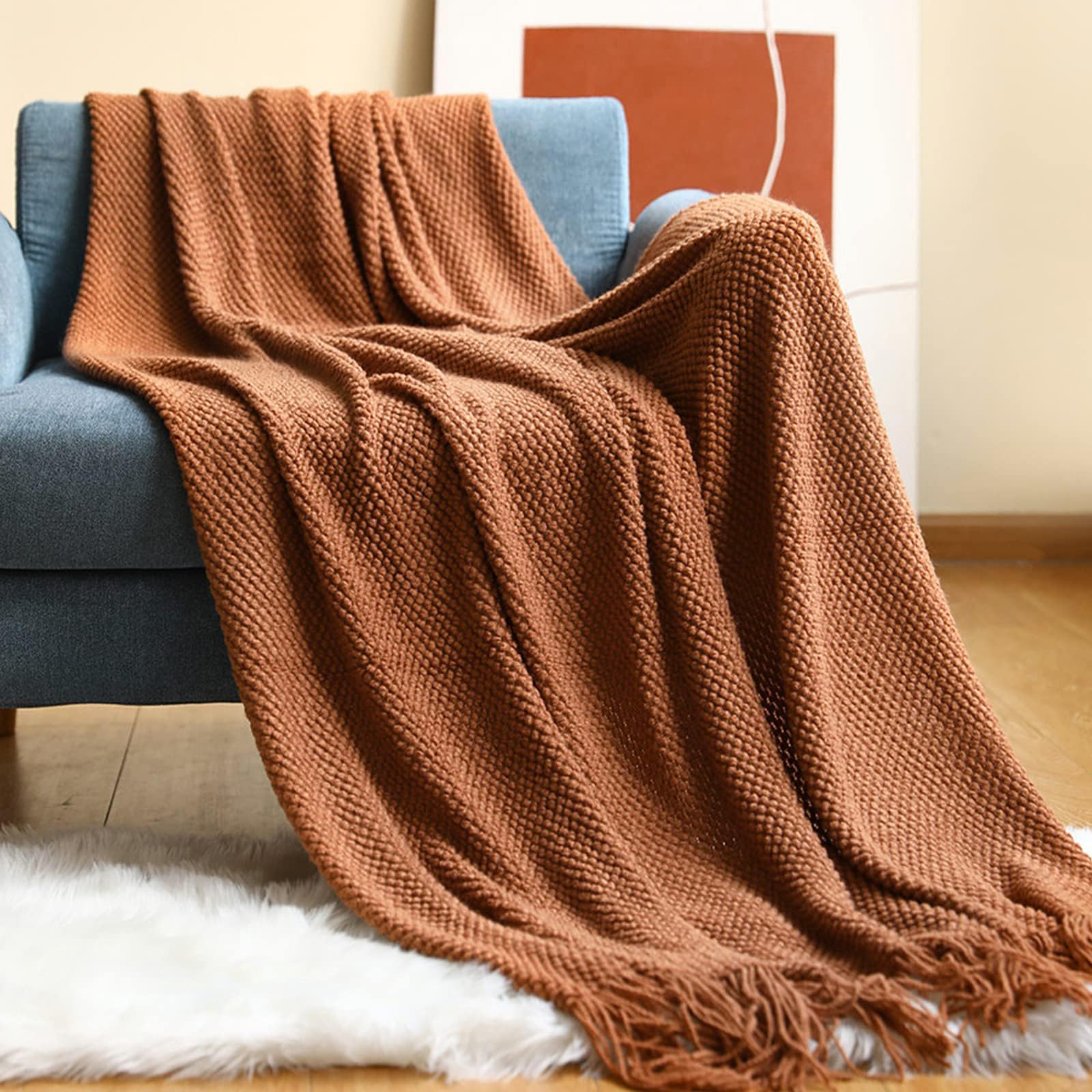 Lumisyne Plain Knitted Throw Blanket With Tassel Solid Color Grain Texture Cozy Fluffy Warm Soft Throws Decorative Blankets For Settee Armchair Couch Bed Office 230X130cm