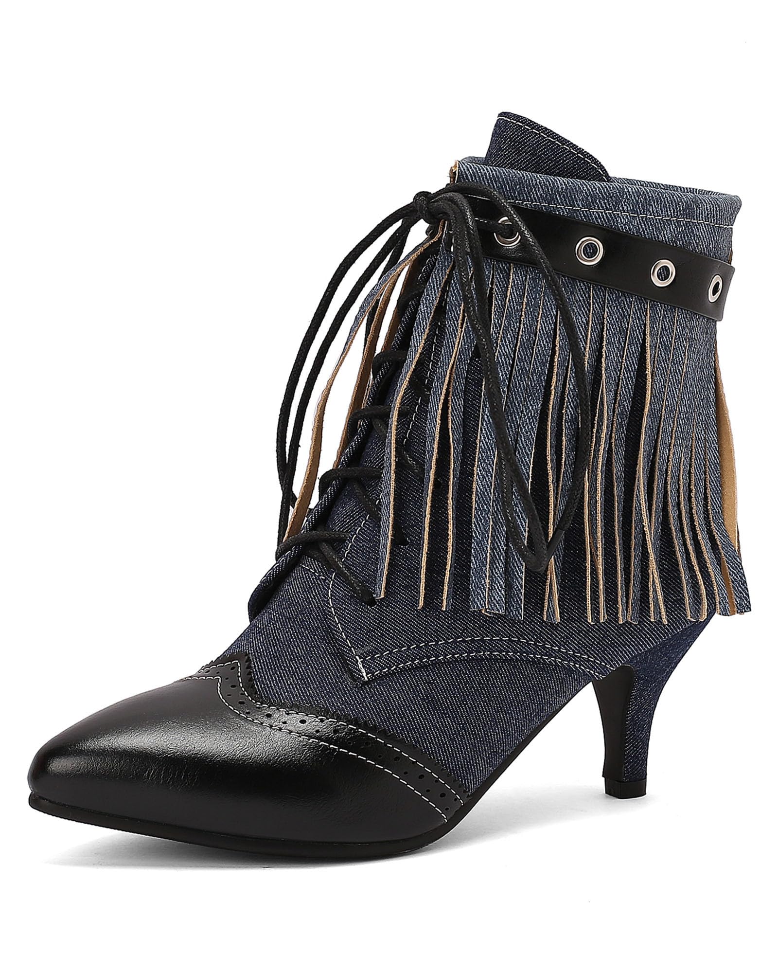 SHEMEE Fringe Booties for Women Kitten Heels Ankle Boots Lace Up Pointy Toe Tassel Short Boot Low Mid