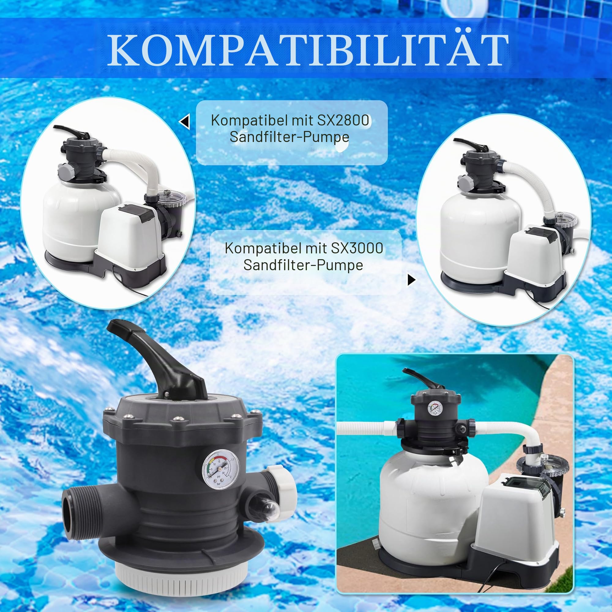11496 6-Wege-Ventil Ersatz für Intex 2.2 cm Sandfilterpumpe | Kompatibel mit SX2800 26647EG & SX3000 26651EG Sandfilterpumpe, 6 Funktionen, mit Manometer und Schauglas, Kunststoff