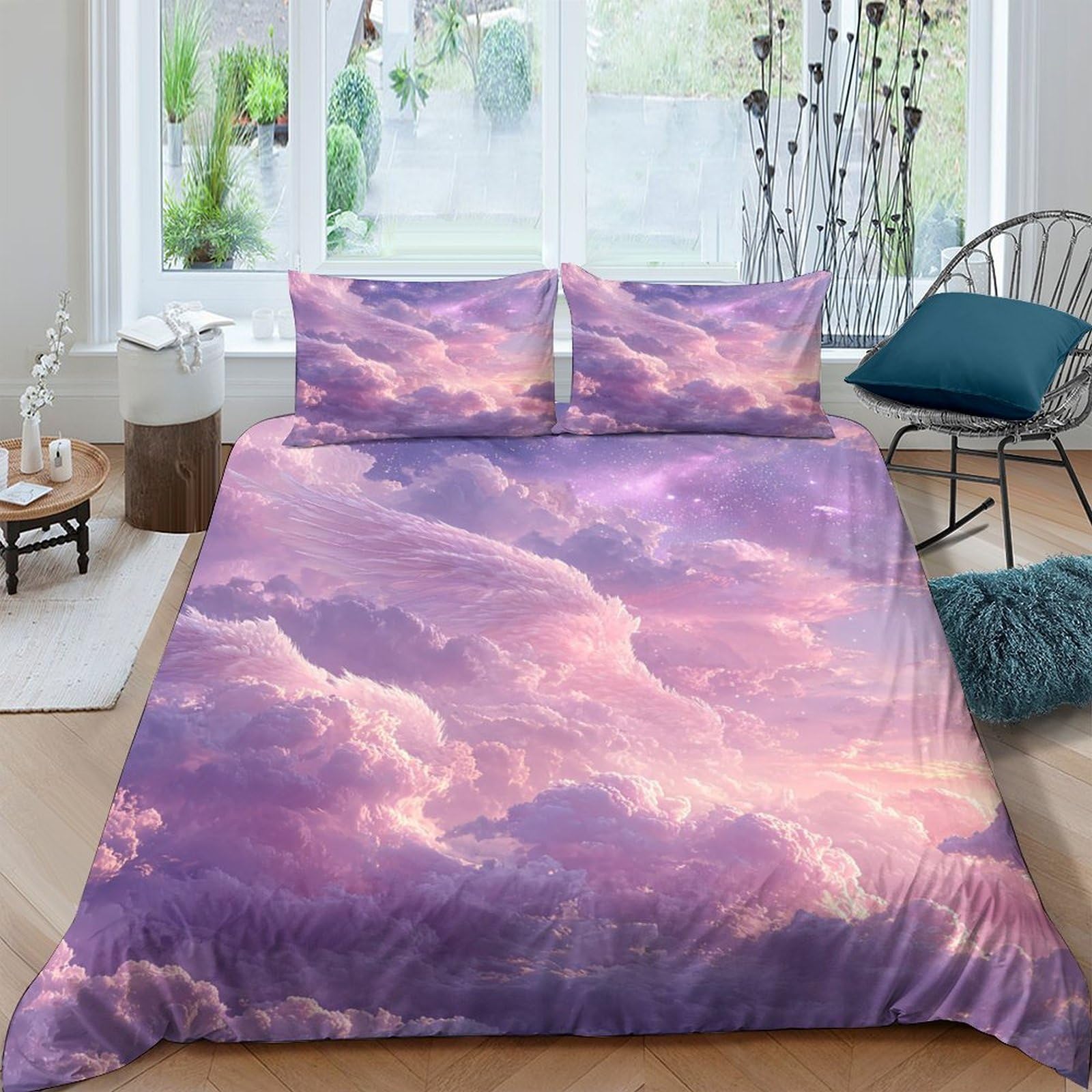 TUFRTGYHN 3D Printed Pink Purple Cloud Duvet Cover Microfiber Soft Breathable Sunset Sky Bedding Set with 2 Pillowcases for Bedroom Decor Single（135x200cm）