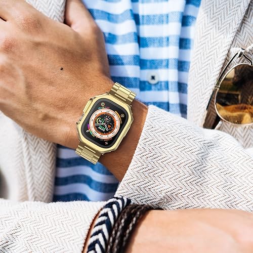 Miniatura 6 de Compatible with Apple Watch Ultra 3/2/1 Band and Case, Stainless Steel Metal Chain with TPU Cover, Smart-Watch Link Bracelet Strap for men, Oro