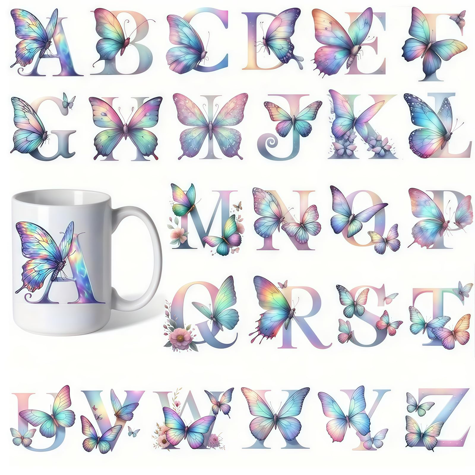 26 Set Letter Flower Butterfly UV DTF Cup Wraps Transfer Waterproof Sticker for Glass Cups Furniture Craft DIY Crafts，Rub on Transfer Stickers for DIY Water Bottle Laptop Decal Wood Car