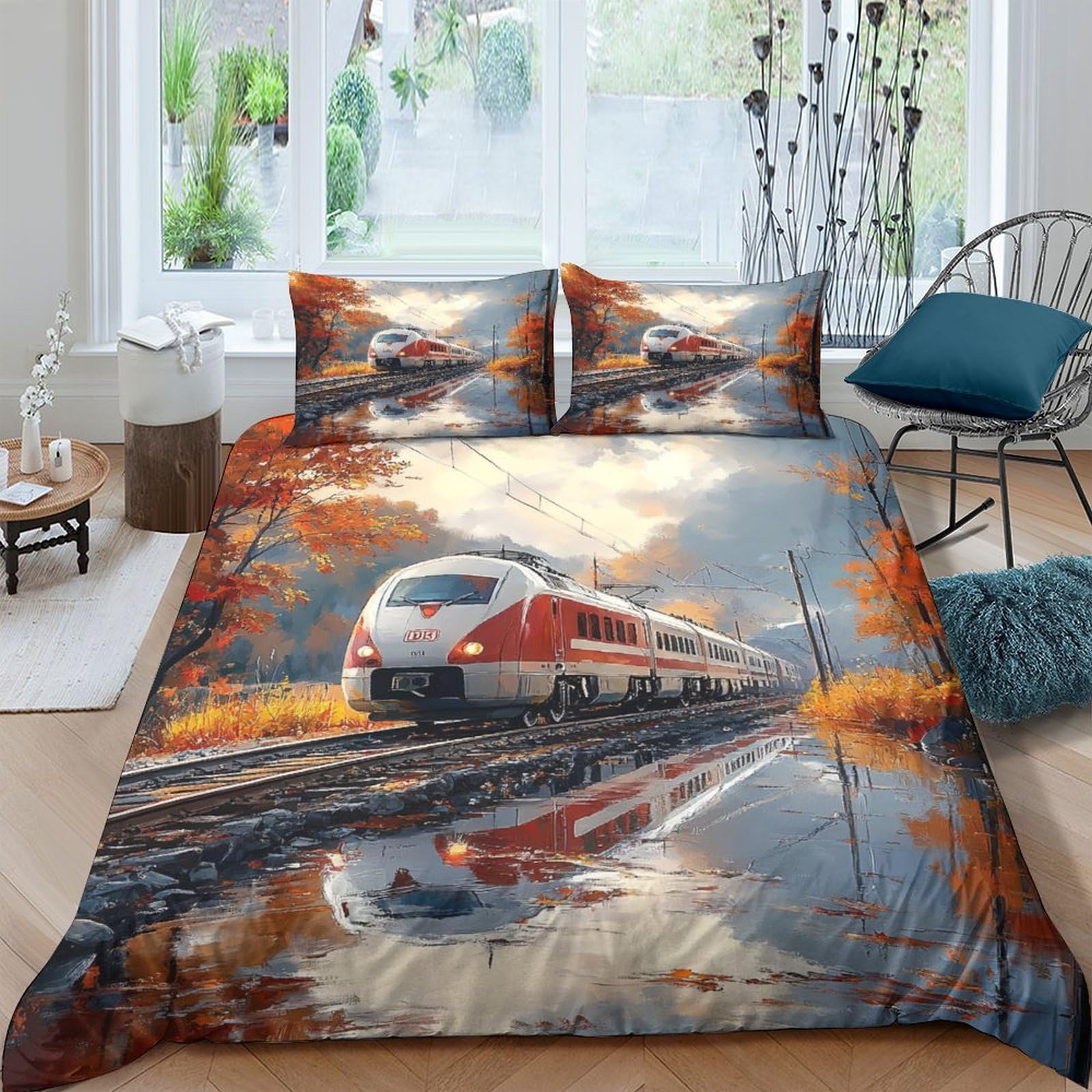 Ctjqhvkz Style-1 3D Printed Autumn Train Fitted Sheet Microfiber Soft Railway Landscape Bed Cover For Bedroom Guest Room Mattress Decor Single（135X200cm）