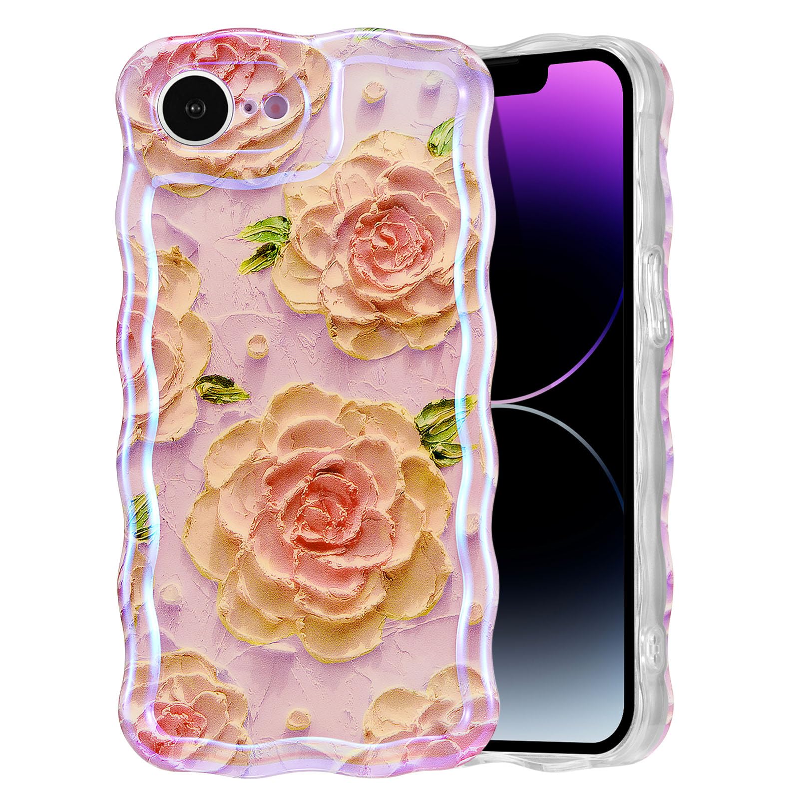 EYZUTAK Case for iPhone 15, Colorful Retro Oil Painting Flower Laser Beam Glossy Pattern Cute Curly Waves Border Exquisite Phone Cover Stylish Durable Soft TPU Protective Case for Girls Women - Green — view 85