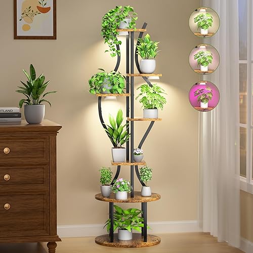 Soporte para plantas de interior con luces de crecimiento, estante de metal alto de 7 niveles para múltiples plantas, estantes iluminados para