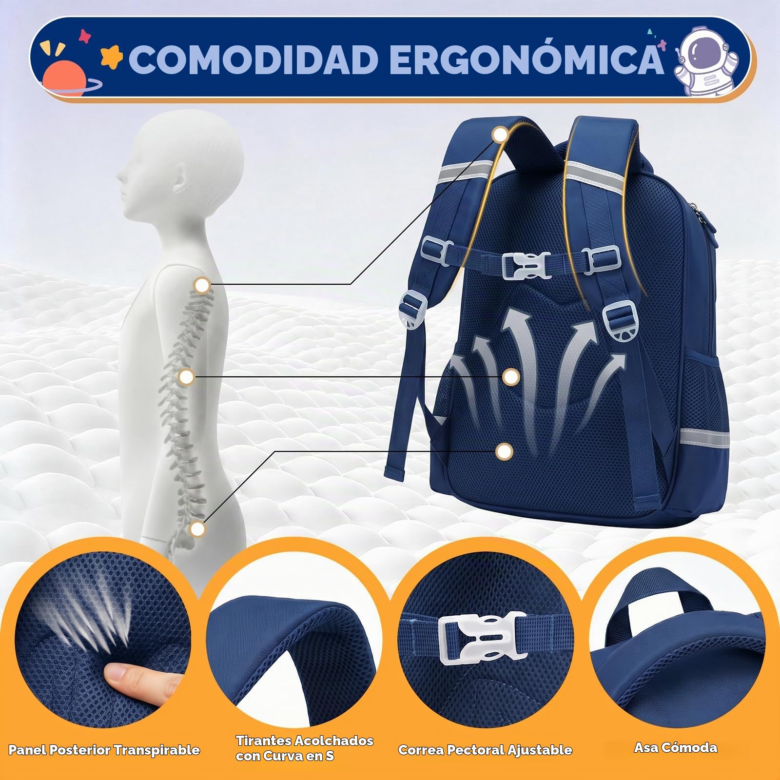 Amythe Mochila Niño 8-12 Años Primaria – Mochila Ergonómica Ligera con Bandas Reflectantes, Compartimento A4, Oxford 300D – Diseño Astronauta – Regalo Vuelta al Cole -Azul