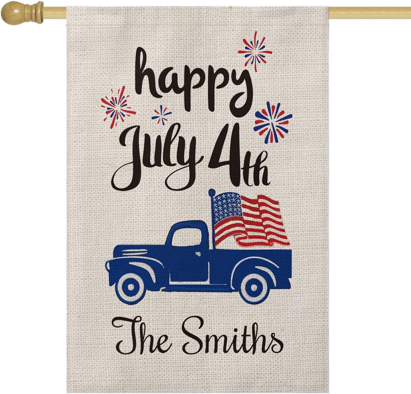 SMILE Personalized July 4th House Flag, Memorial Day Independence Day Customized Family Last Name and Established Year Truck, Double Sided 28 x 40 Inch Rustic Farmhouse Burlap Yard Outdoor Decoration
