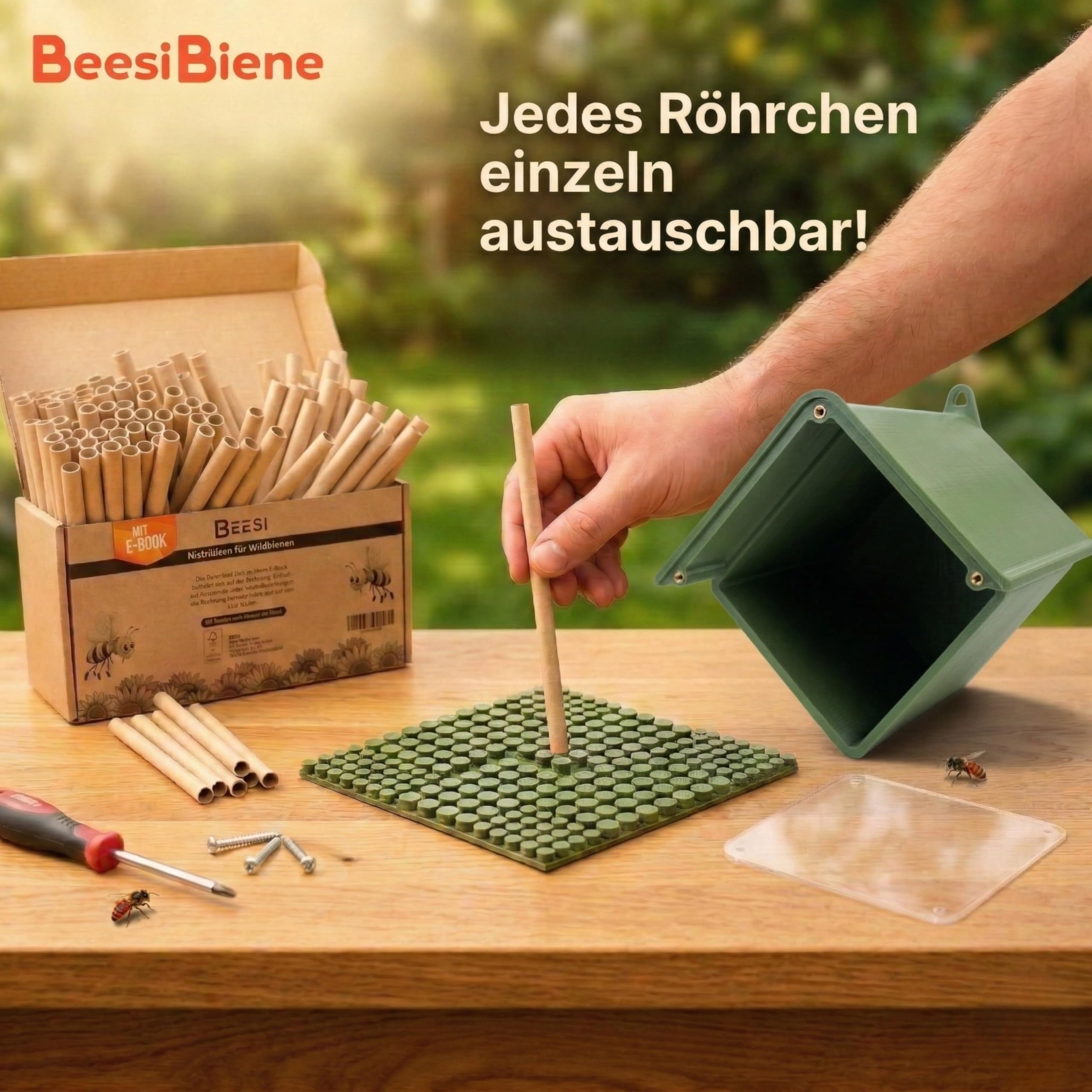 BEESI Insektenhotel für Wildbienen – Wetterfeste Nisthilfe mit 266 auswechselbaren Nisthülsen – Langlebiges Bienenhotel zum selbst Zusammenbauen