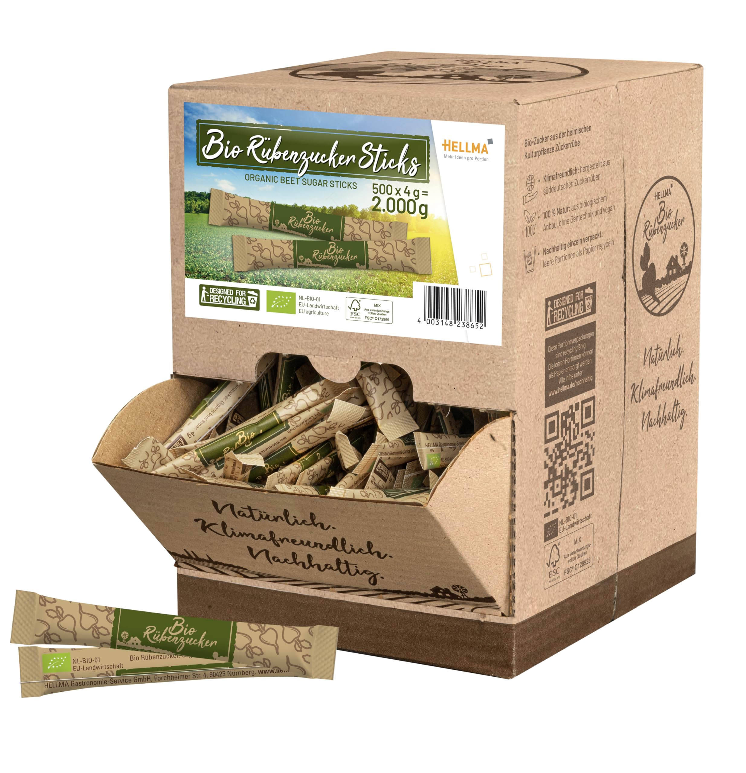 Hellma Bio-Rübenzucker Stick 500 Stk. je 4 g - 2 kg Vorrats-Box - Zuckersticks einzeln, für Kaffee, Tee