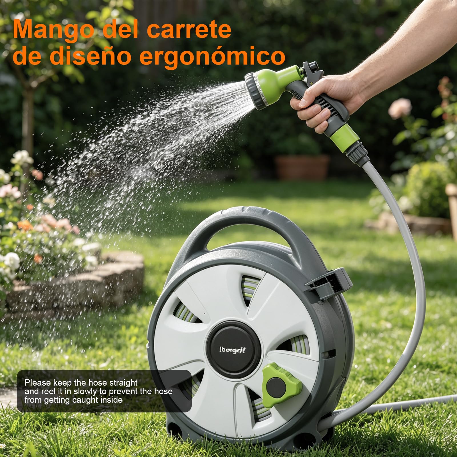 Ibegrif M22220, Enrollador de manguera de jardín, Portamangueras 10 m, Gris/Verde
