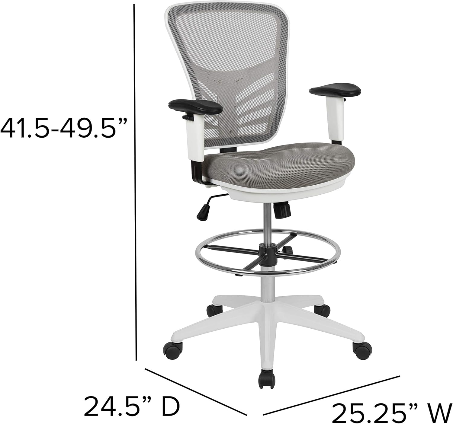 BizChair Mid-Back Gray Mesh/White Frame Adjustable Ergonomic Drafting Chair, Task Chair