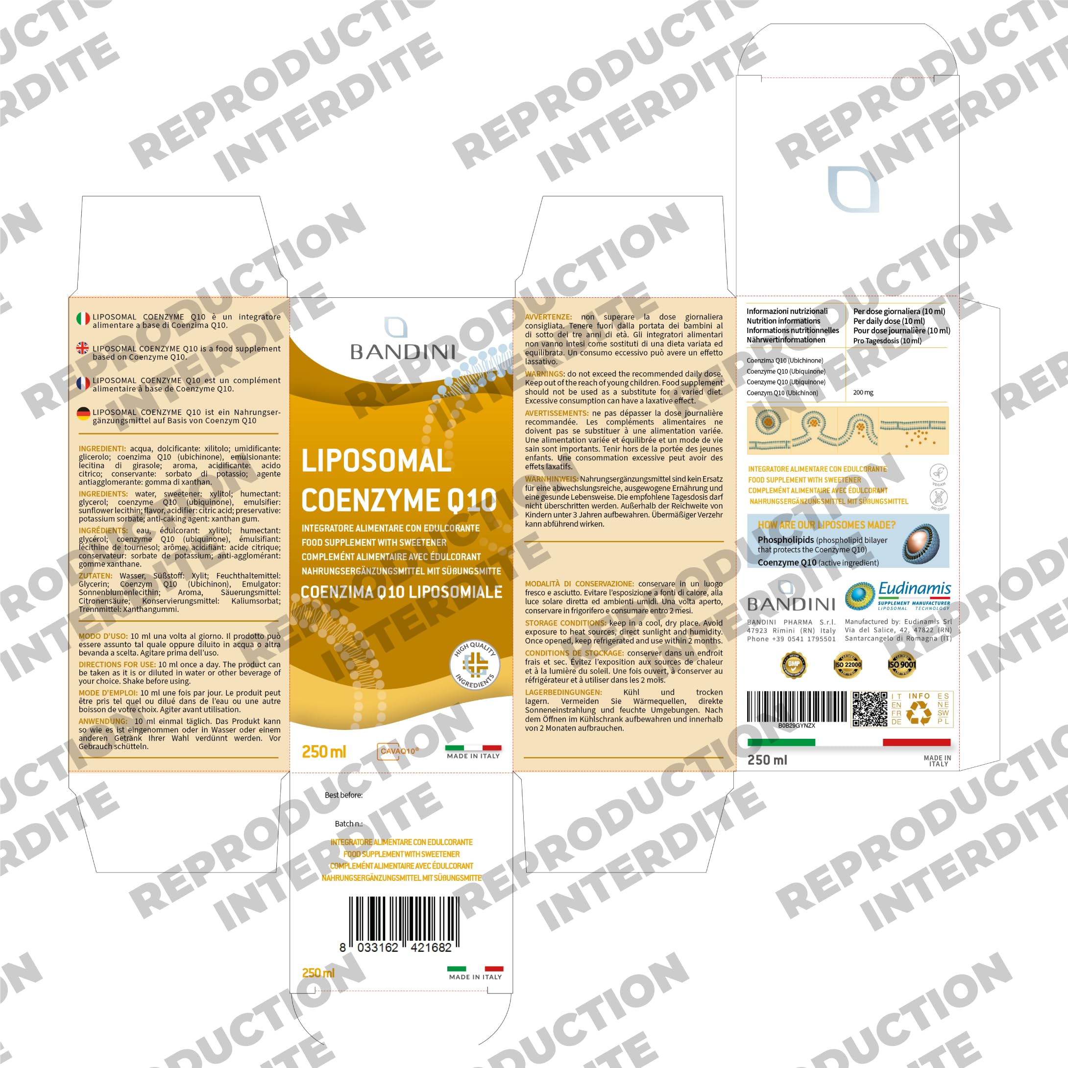 Bandini® Coenzyme Liposomale Q10 200mg Extra Fort | Vegan, Antioxydant puissant - CAVAQ10® 100% Ubiquinone forte & pure - Coq10 fermenté, haute biodisponibilité, testé en laboratoire, qualité premium