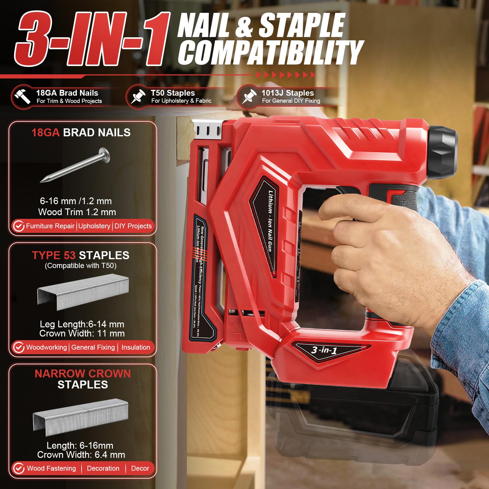Agrafeuse Cloueuse Sans Fil Compatible avec Milwaukee 18V Batterie, 2 en 1 Agrafeuse électrique, 150 coups/min, Mode Monotir/Continu, avec 1000 clous et 1000 agrafes Pour le bois, DIY (sans batterie)