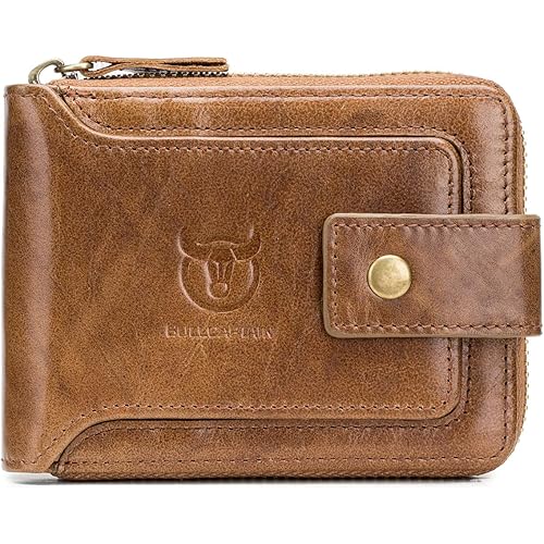 BULLCAPTAIN Genuine Leather Wallet for Men Large Capacity ID Window Card Case with Zip Coin Pocket QB-231 (Brown)