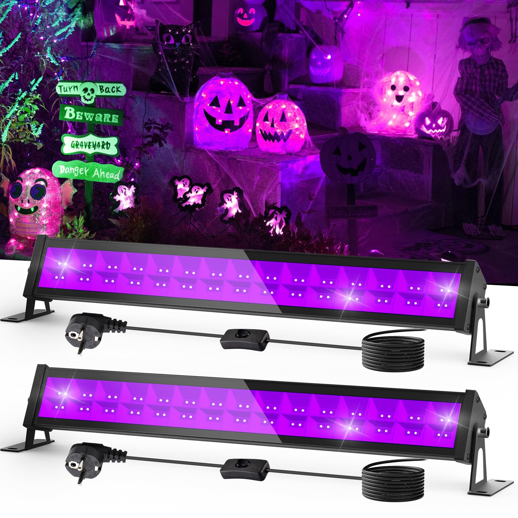 NATPOW Luce Nera UV 36W, 400-405nm Lampada LED Nera con Interruttore e 1,5 Metri di Cavo di Alimentazione, IP65 Impermeabile Faretto UV LED per Halloween, Discoteca, Mostra d'arte, Bar, Feste, 2 Pezzi