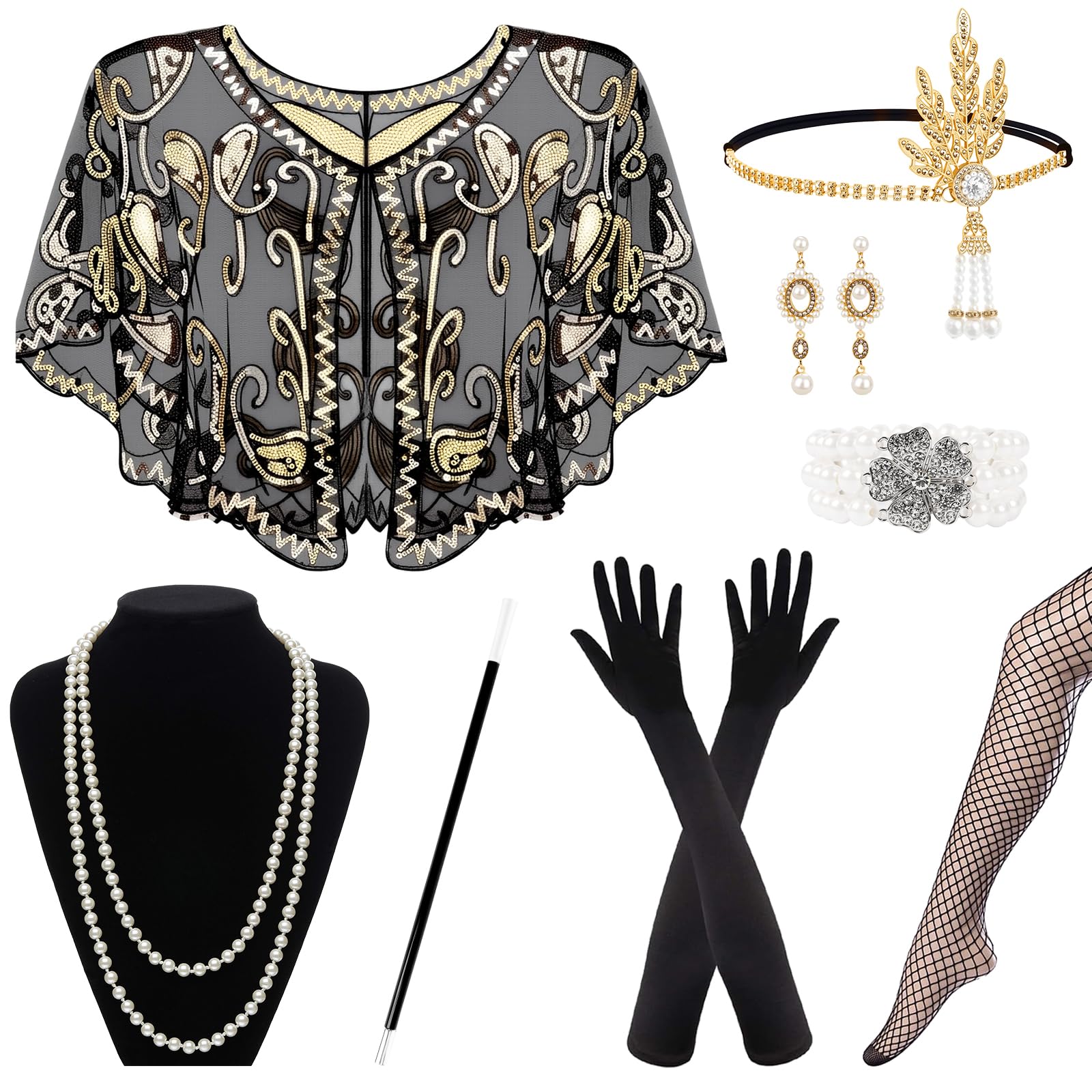 1920s Accessories Set for Women, Flapper Costume Accessories with Shawl Headband Earrings Necklace Long Gloves Fishnet Tights Bracelet, Great Gatsby Accessories for Ladies Fancy Dress Parties