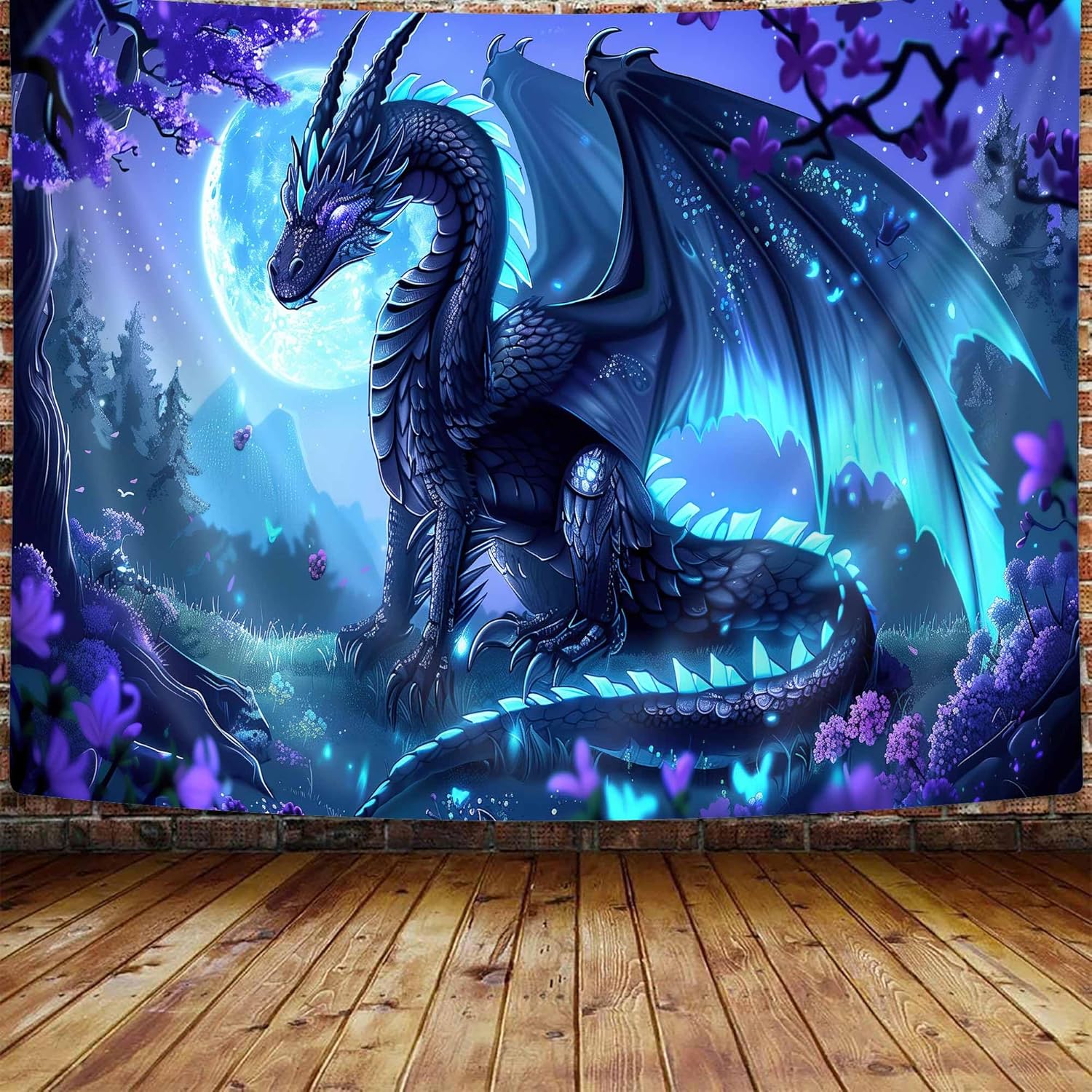 Medieval Decor Trippy Purple Dragon Tapestry Glow In Dark UV