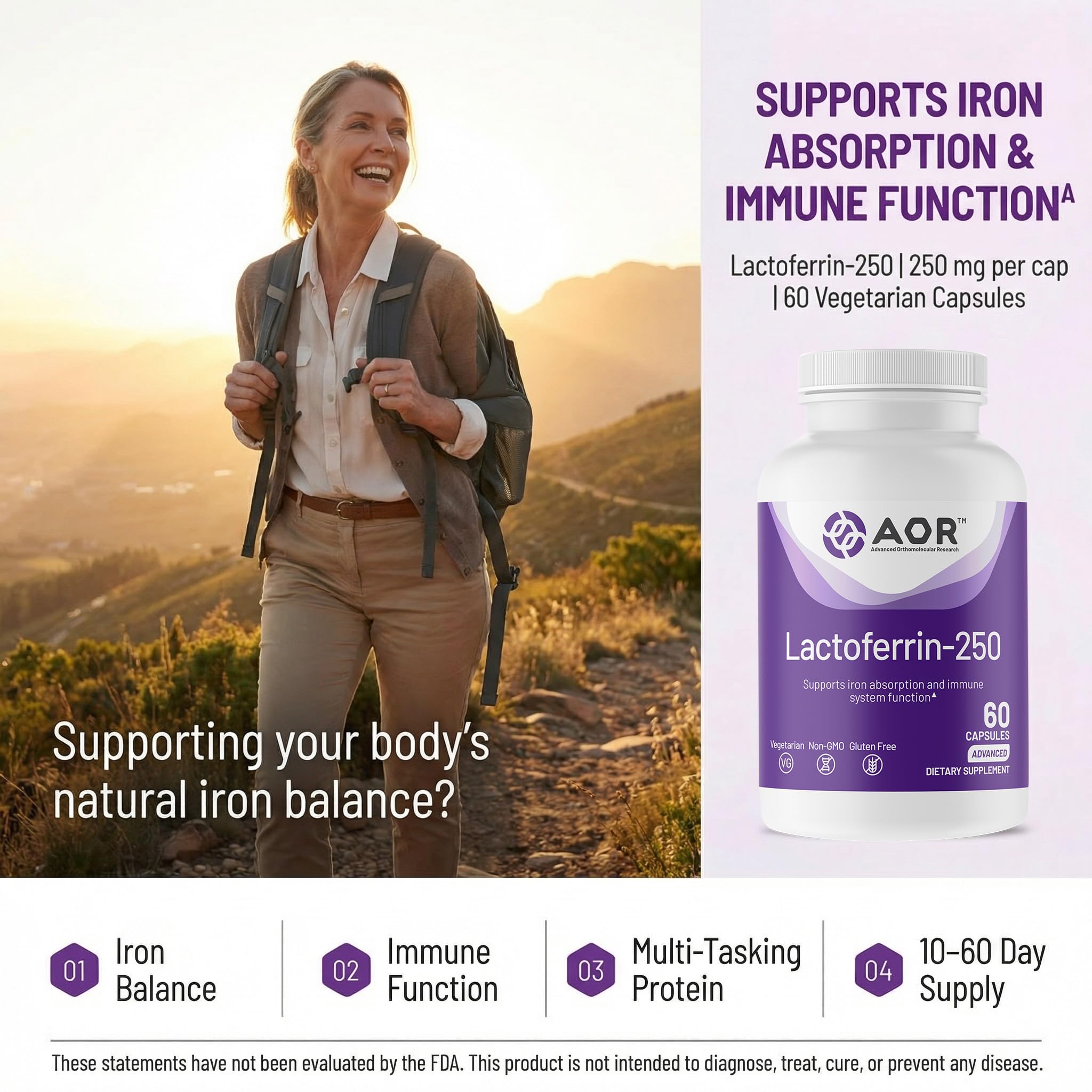 AOR Lactoferrin 250mg Capsules, Iron Balance Support, Non GMO, 60 Capsules — Amazon image 2