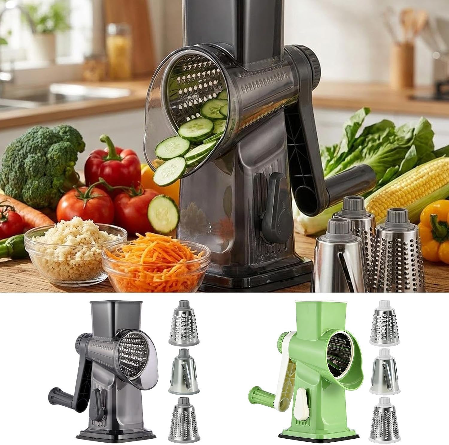 Manual Cheese Grater, Rotary Hand Crank, Vegetable Cutter Tool, Stainless Steel Blade Sturdy Easy Clean Design, for home countertop camping food vegetable potato carrot cheese shredding 25x16cm