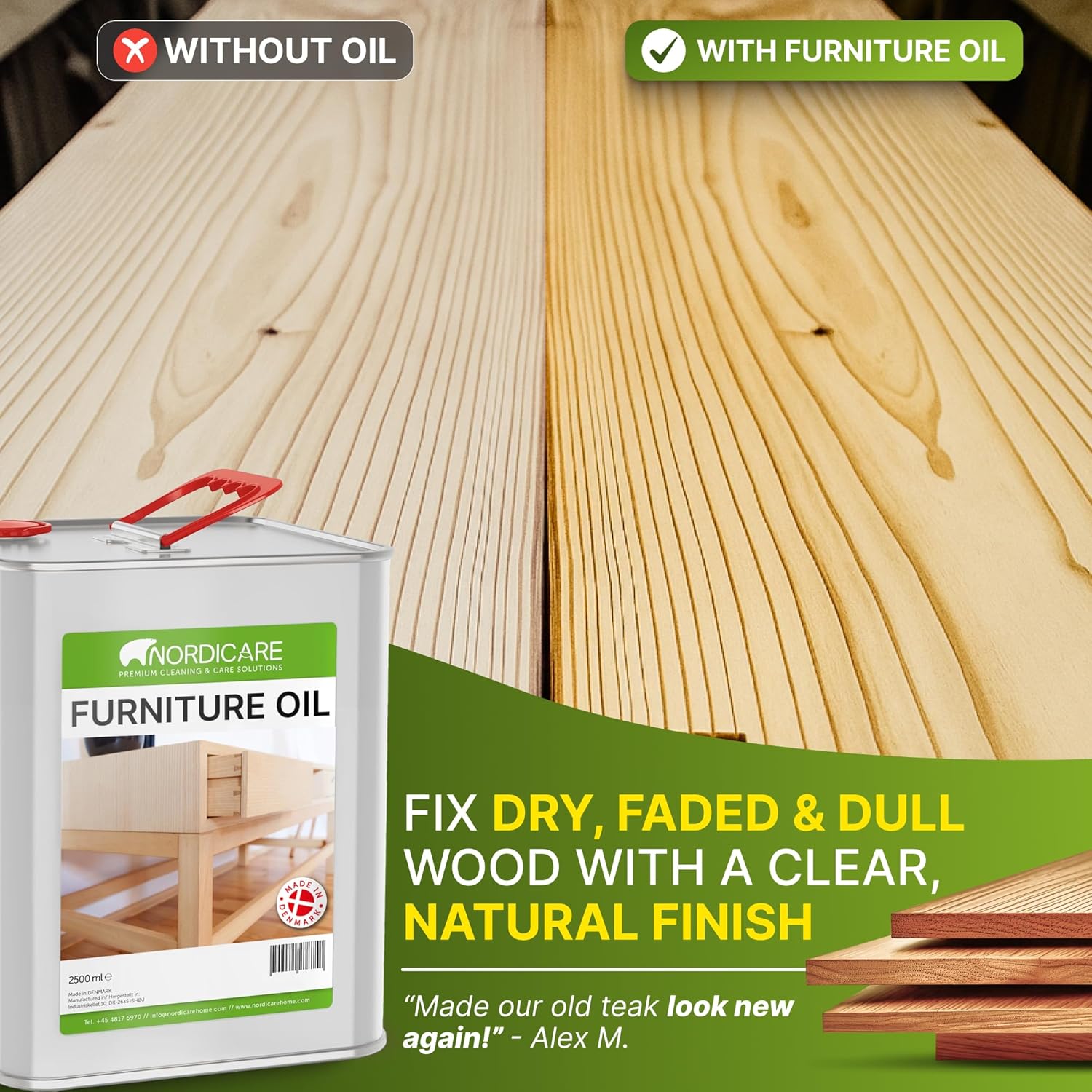 Nordicare Wood Oil Colorless - Premium Walnut Oil, Teak Oil, Wood Oil Furniture for Oak, Beech, Teak, Walnut, Pine, Larch - Natural Furniture Wood Oil - Made in Denmark - for Indoor Use (84.5 oz)