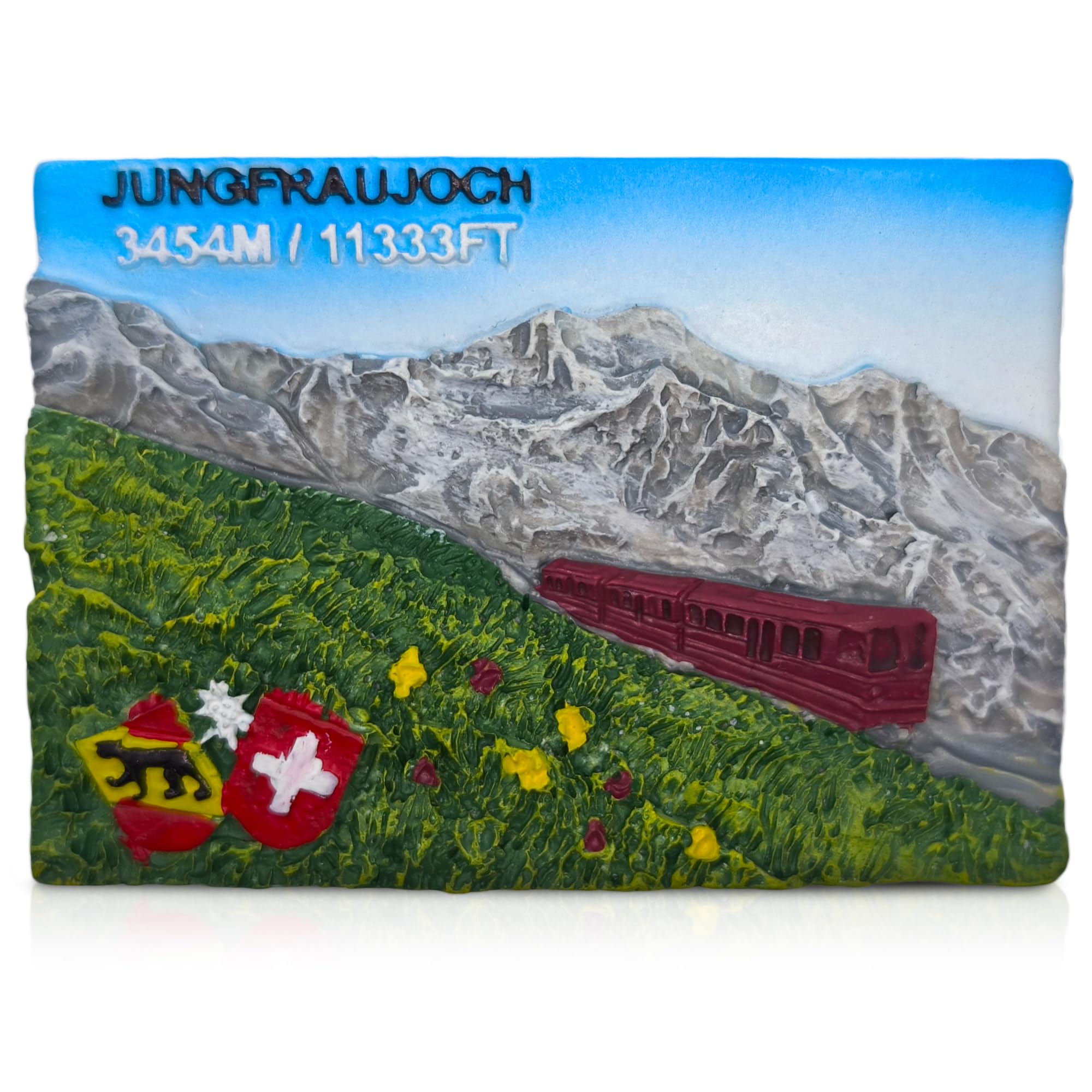 Jungfraujoch Switzerland Fridge Magnet – Hand-Painted 3D Resin Souvenir Magnet of the Jungfraujoch 3454M with Alpine Glacier, Red Mountain Train & Swiss Flags, 6.9 x 4.7 cm Swiss Travel Gift