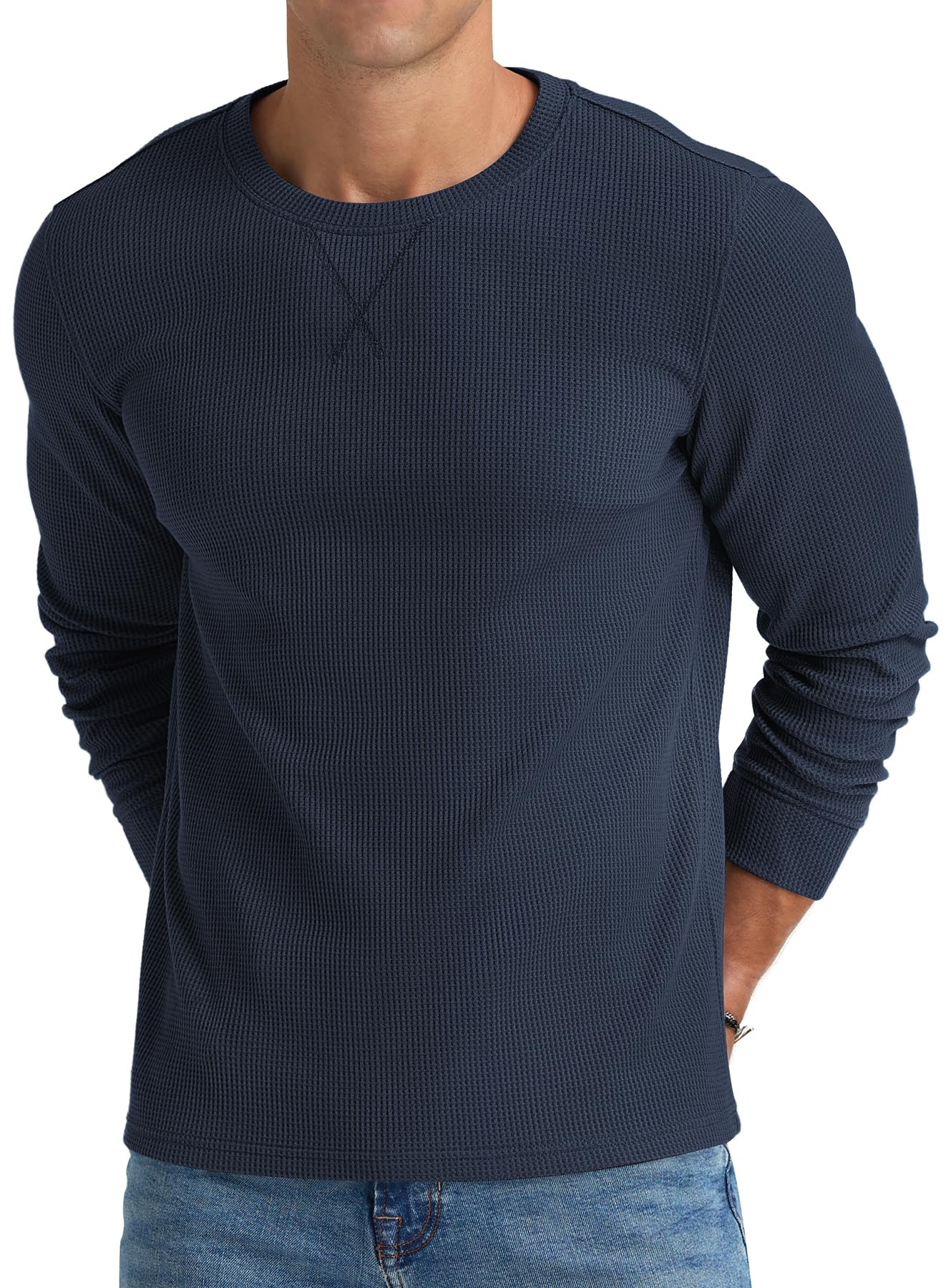 Mens Waffle Crewneck Shirts Slim Fit Long Sleeve Casual T-Shirt